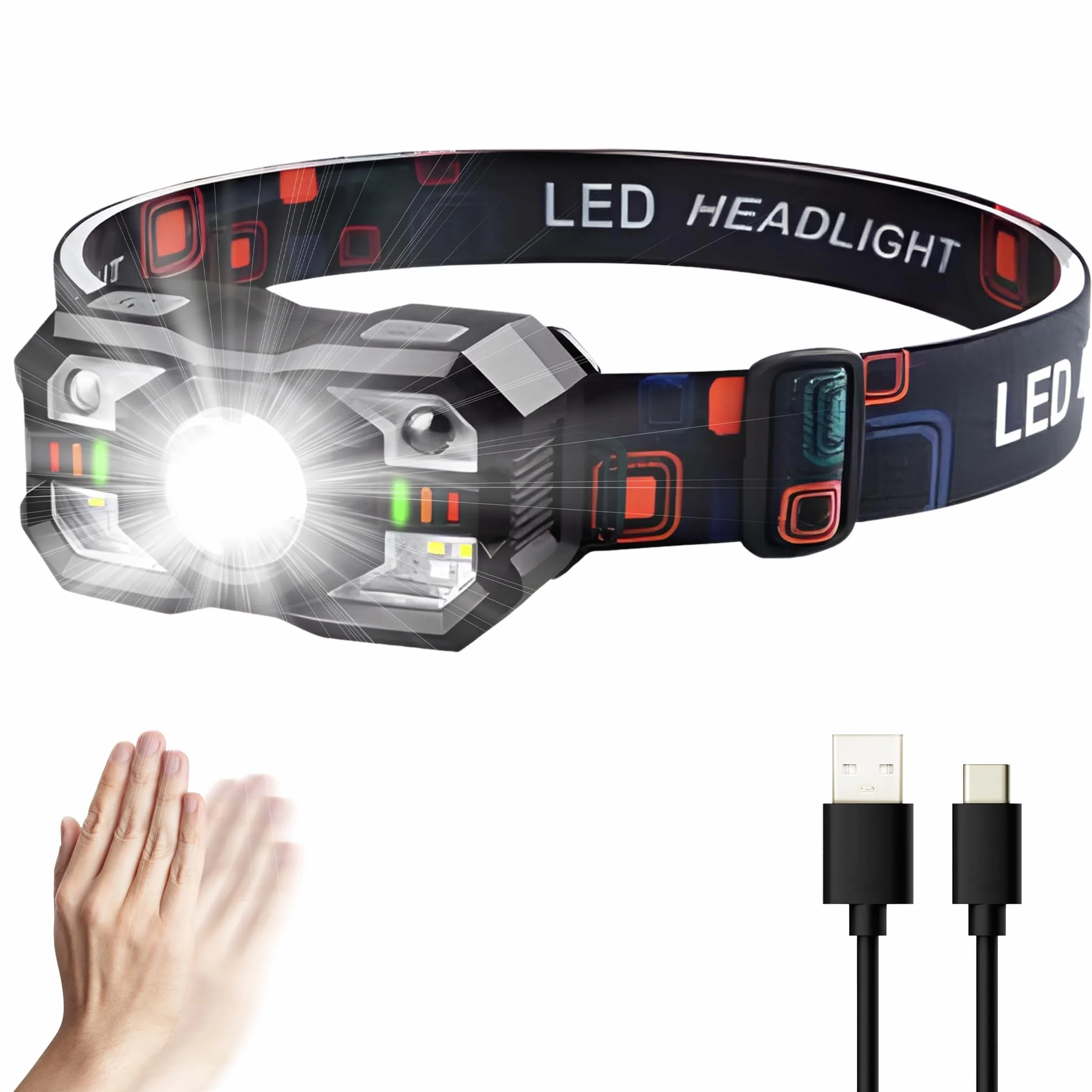 Linterna Frontal LED Recargable Alta Potencia 2000L IPX5 Impermeable 6 Modos Sensor Movimiento