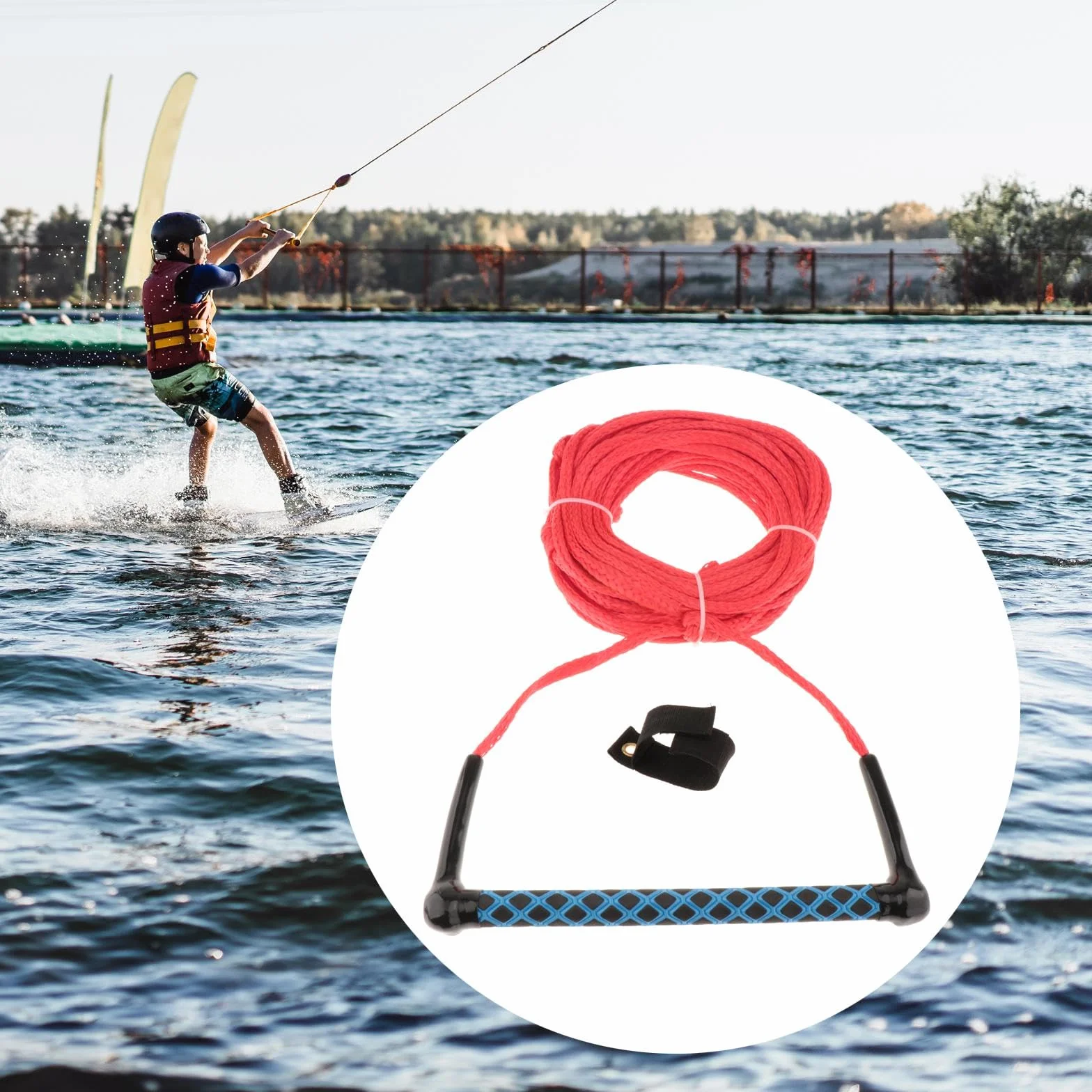 Cuerda para Esquí Acuático 23 Metros con Asa, Correa Portátil para Surf, Wakeboard, Roja