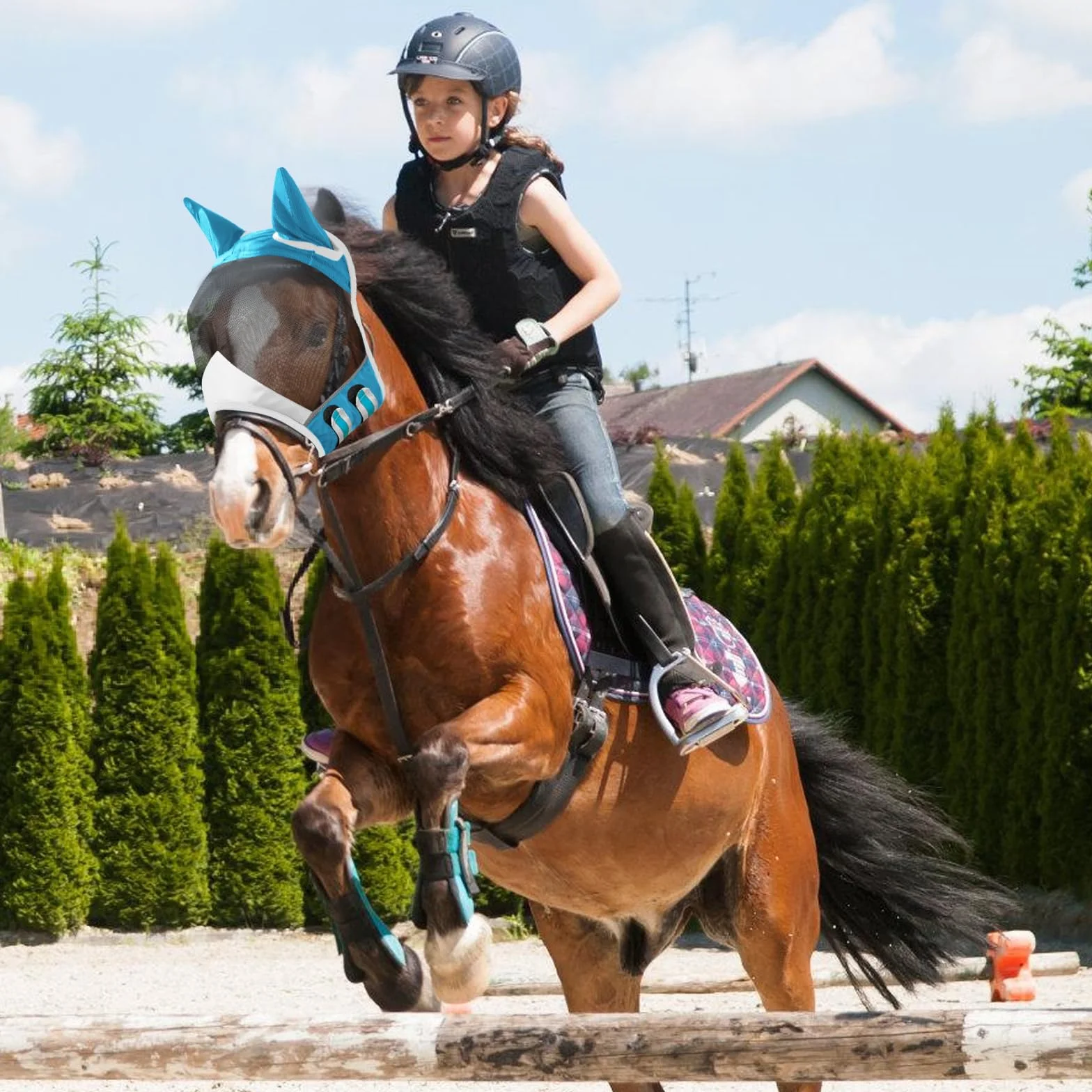 Máscara de mosca para caballo, protección UV con protección para las orejas, máscara de caballo con orejas, protección protectora, malla transpirable