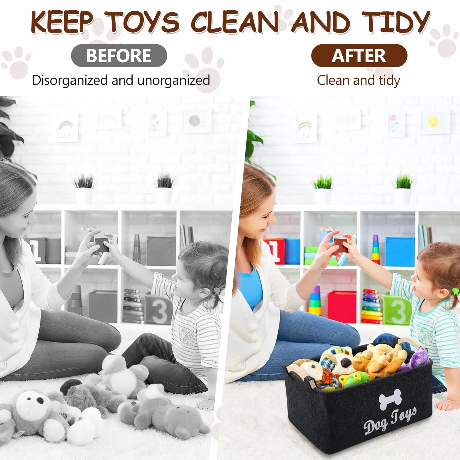 Cesta de Fieltro, Caja de Juguetes para Perros con Mango Madera, Cesta de Almacenamiento Juguete para Perros Versátil, Organizar Comida, Juguetes Accesorios Mascotas