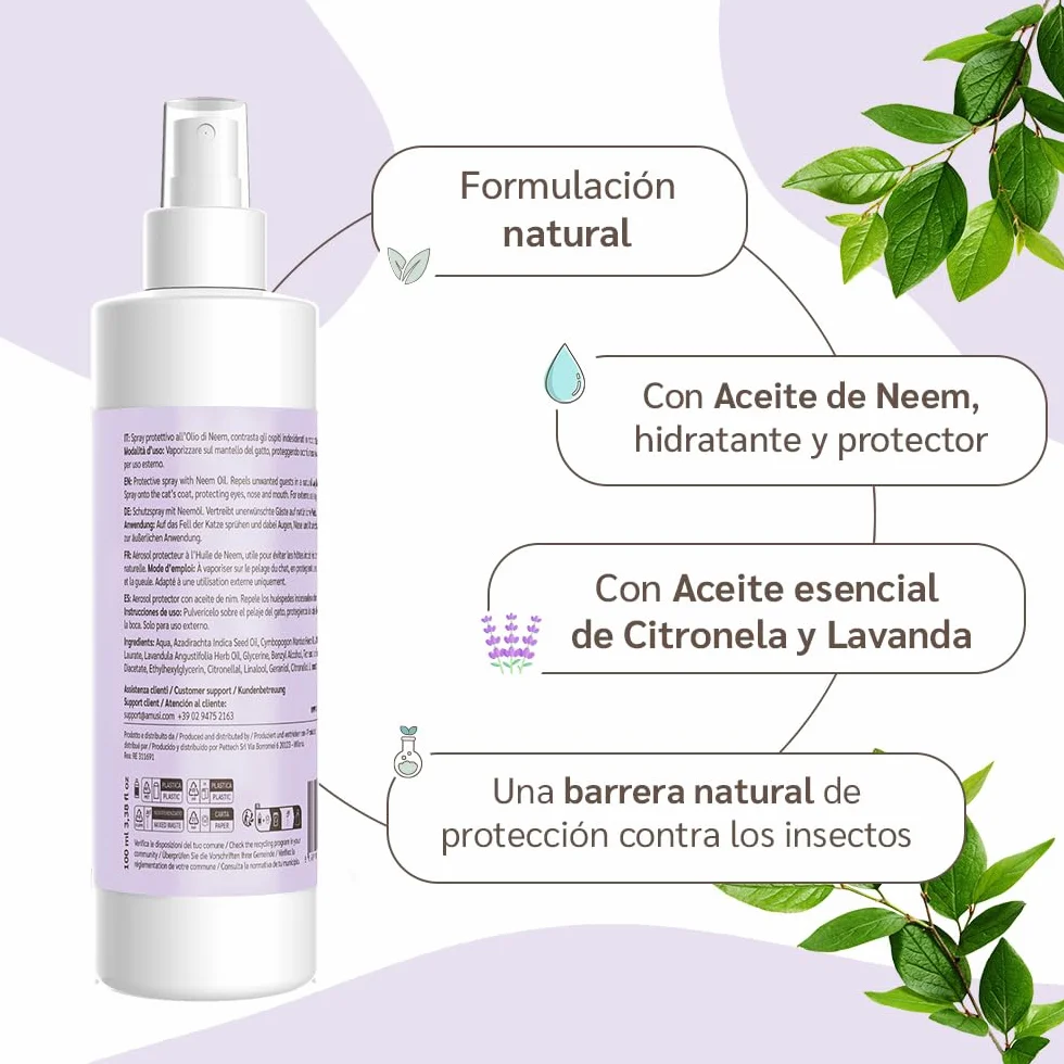 Aceite de Neem Spray para Gatos de Amusi 100 ml Made in Italy 100% Natural y Vegano | Spray Gatos antipulgas - contra Insectos y Pulgas - contra Garrapatas, Mosquitos, Moscas, Ácaros y Piojos