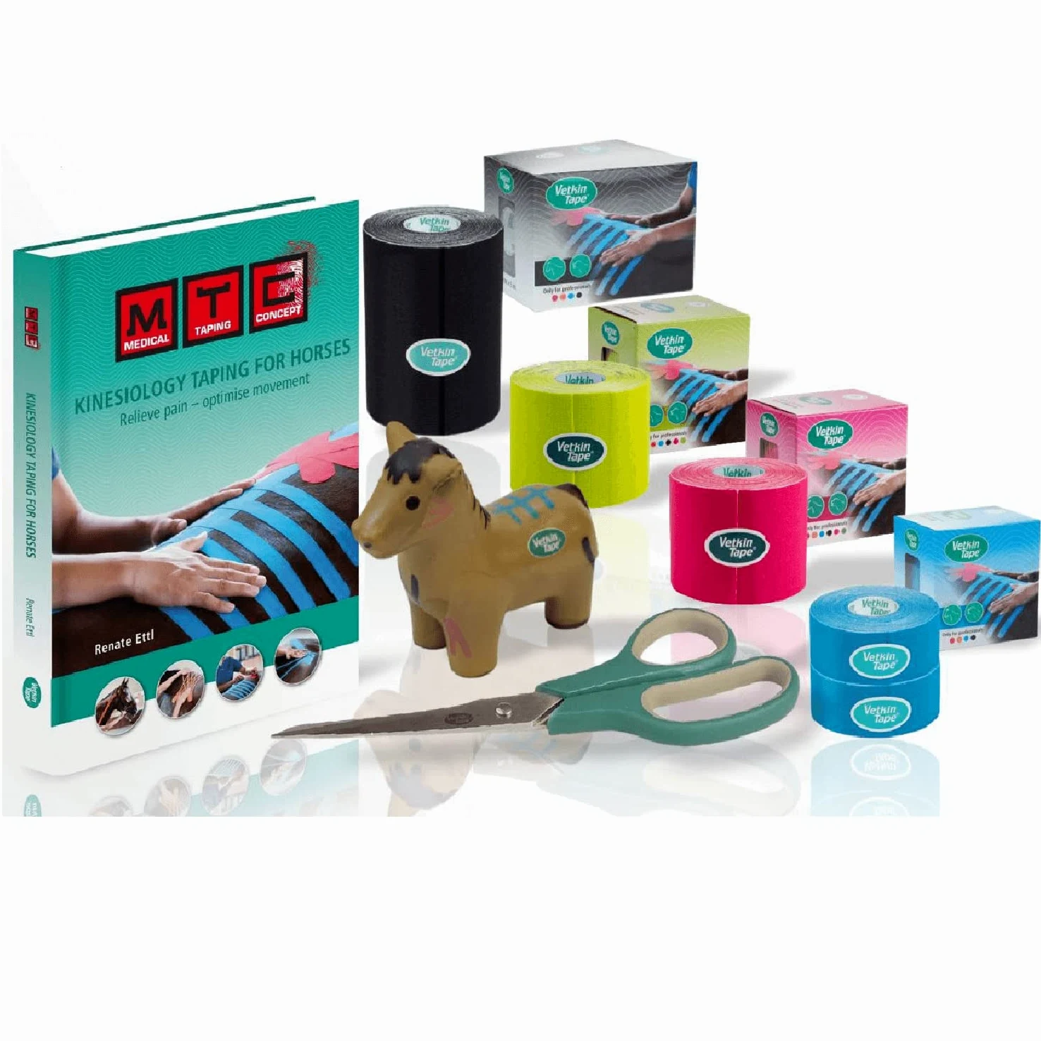 VetkinTape Kit de Introducción Equino | Cinta de Kinesiología Equina | Libro de Taping para Caballos | 3 Tamaños de Cinta de Kinesiología Veterinaria | Tijera Premium