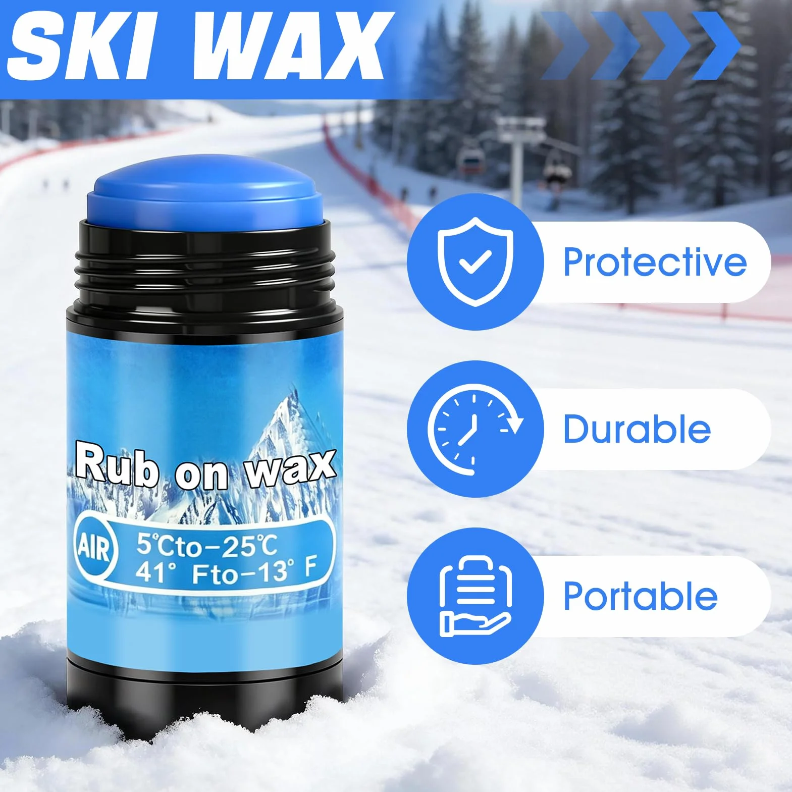 Cera para Esquí y Snowboard 75g, Aplicador de Corcho, Resistente a Bajas Temperaturas