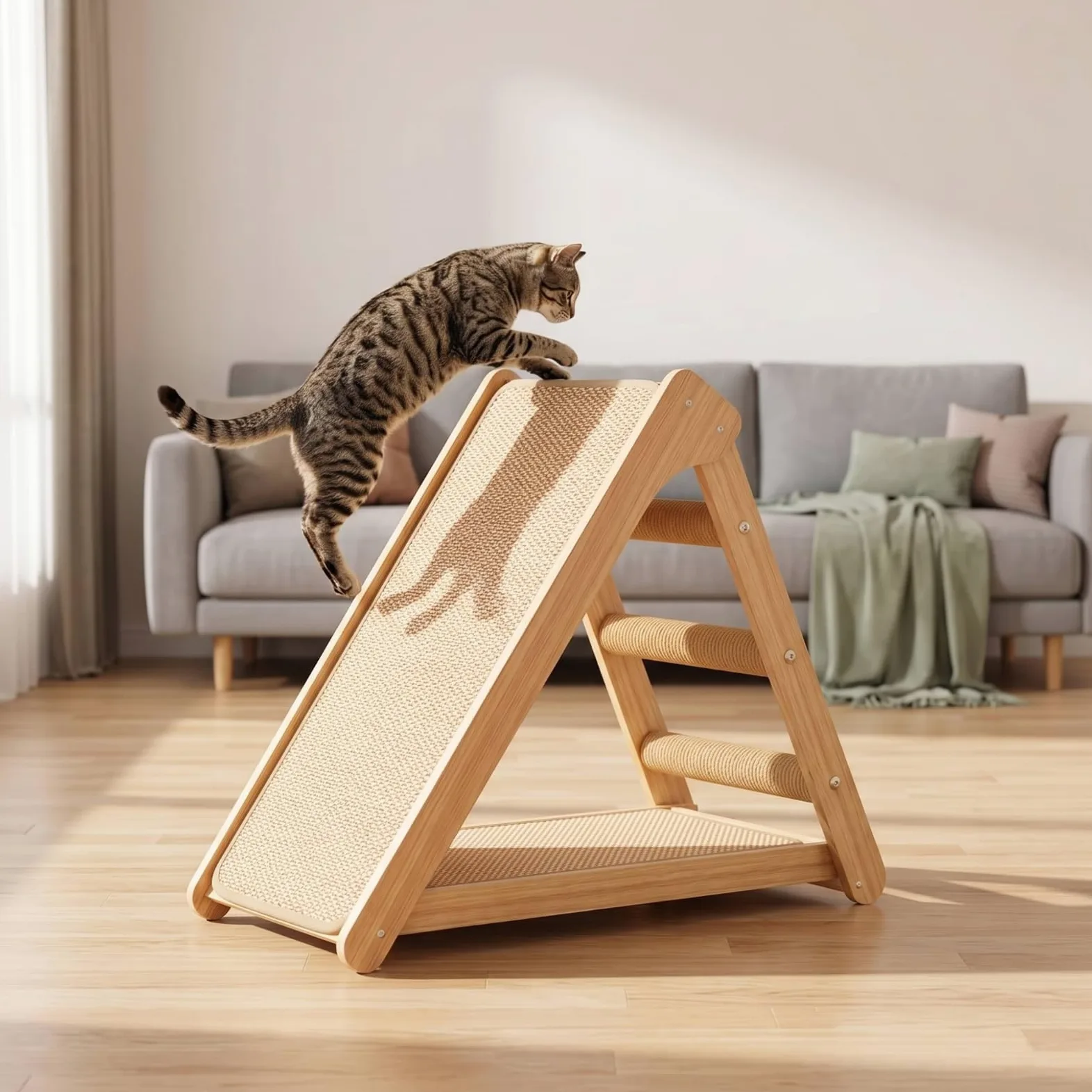 rockible Rascador con Rampa Sisal Seguro Escalador Vertical Mueble para s, 52cm X 60cm X 32cm, Rascador De Madera Maciza con Plataforma De Salto, 60cm X 32cm X 52cm