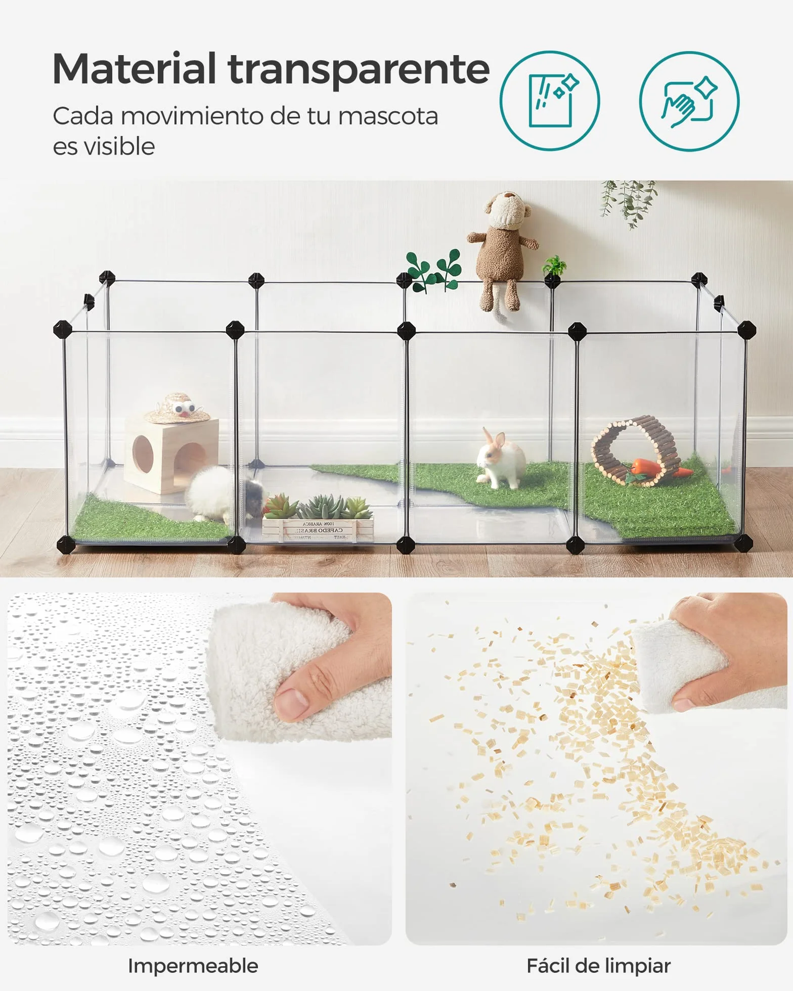 SONGMICS Valla para Mascotas, Parque para Cobayas con Suelo, Recinto Interior de Plástico Transparente para Hámsters, Conejos, Erizos, para Animales Pequeños, 143 x 73 x 46 cm, Blanco LPC02W