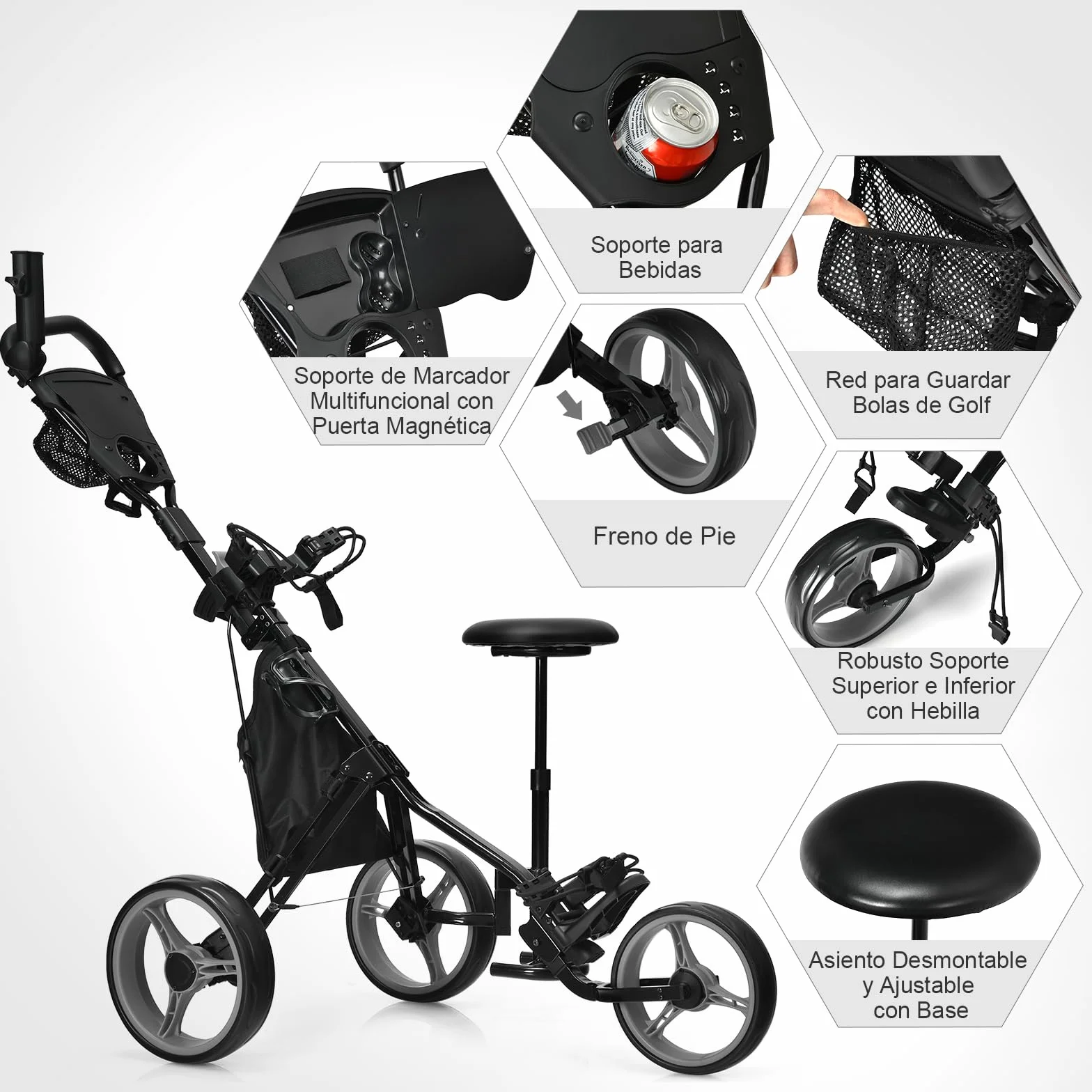 GYMAX Carro de Golf Plegable 3 Ruedas con Altura Ajustable y Portabebidas