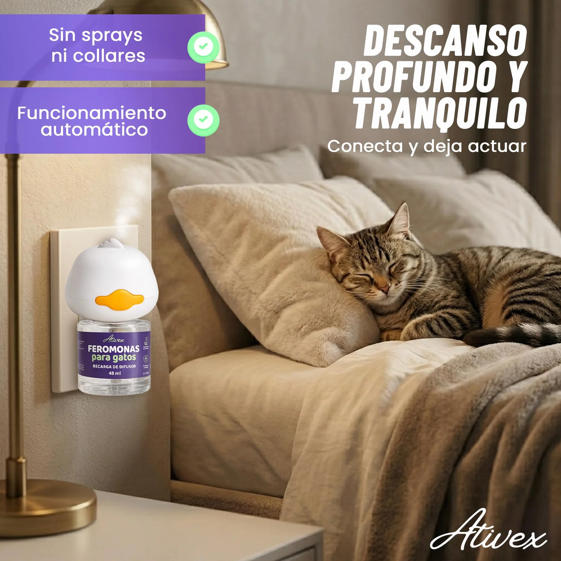 Feromonas para Gatos - Difusor + 2 Recambios (60 días, 48 ​​ml) - Ayuda a Crear Armonía y Reducir Conflictos Entre Gatos como el Estrés, Arañazos, Miedos, Cambios, Marcaje con Orina.