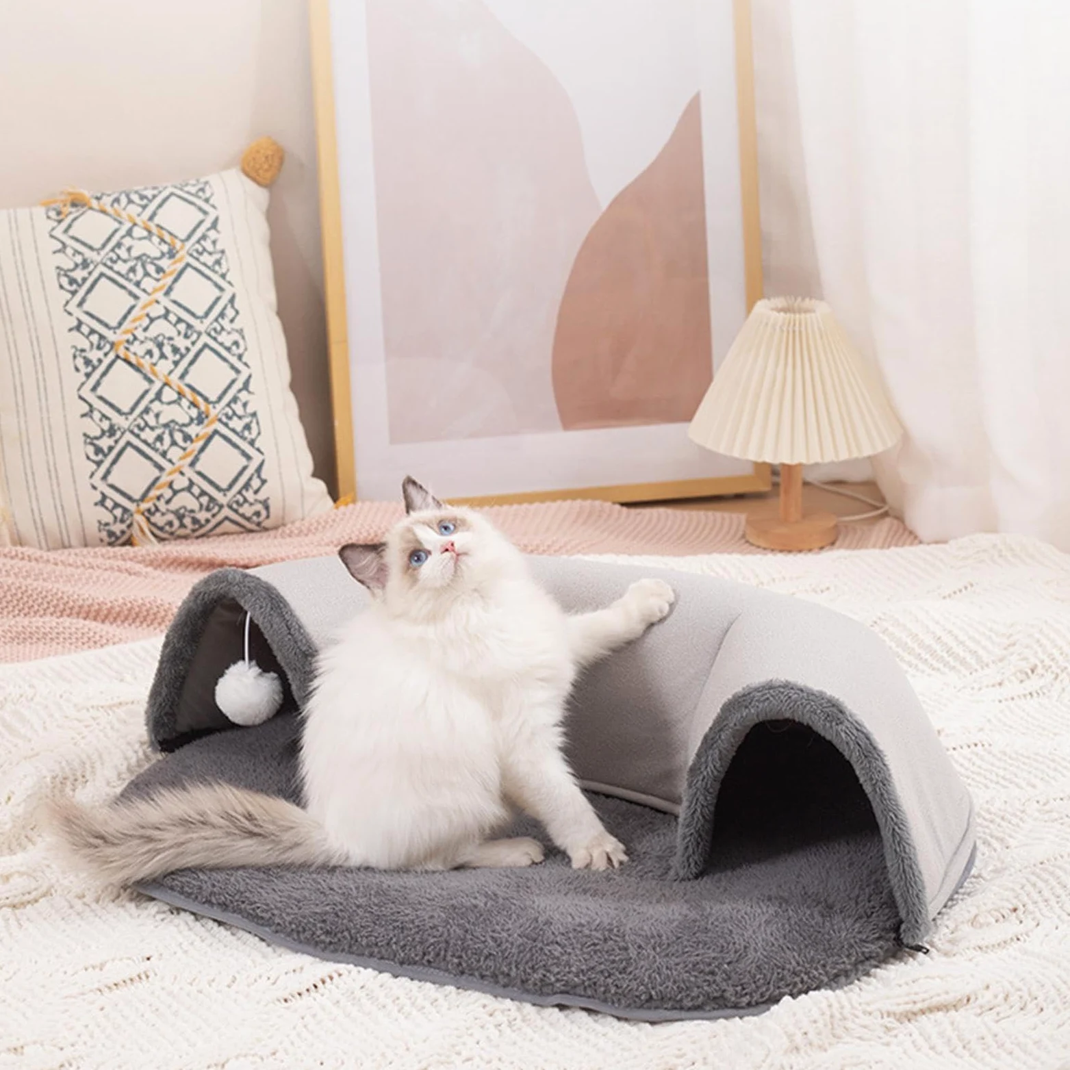Paquete de túneles para gatos, cómodo de gatos, cabaña para mascotas | autocalentable | de juguete lavable para gatos, tapete interactivo para gatos, conejos, cachorros, 25.6 x 19.3 x 6.7
