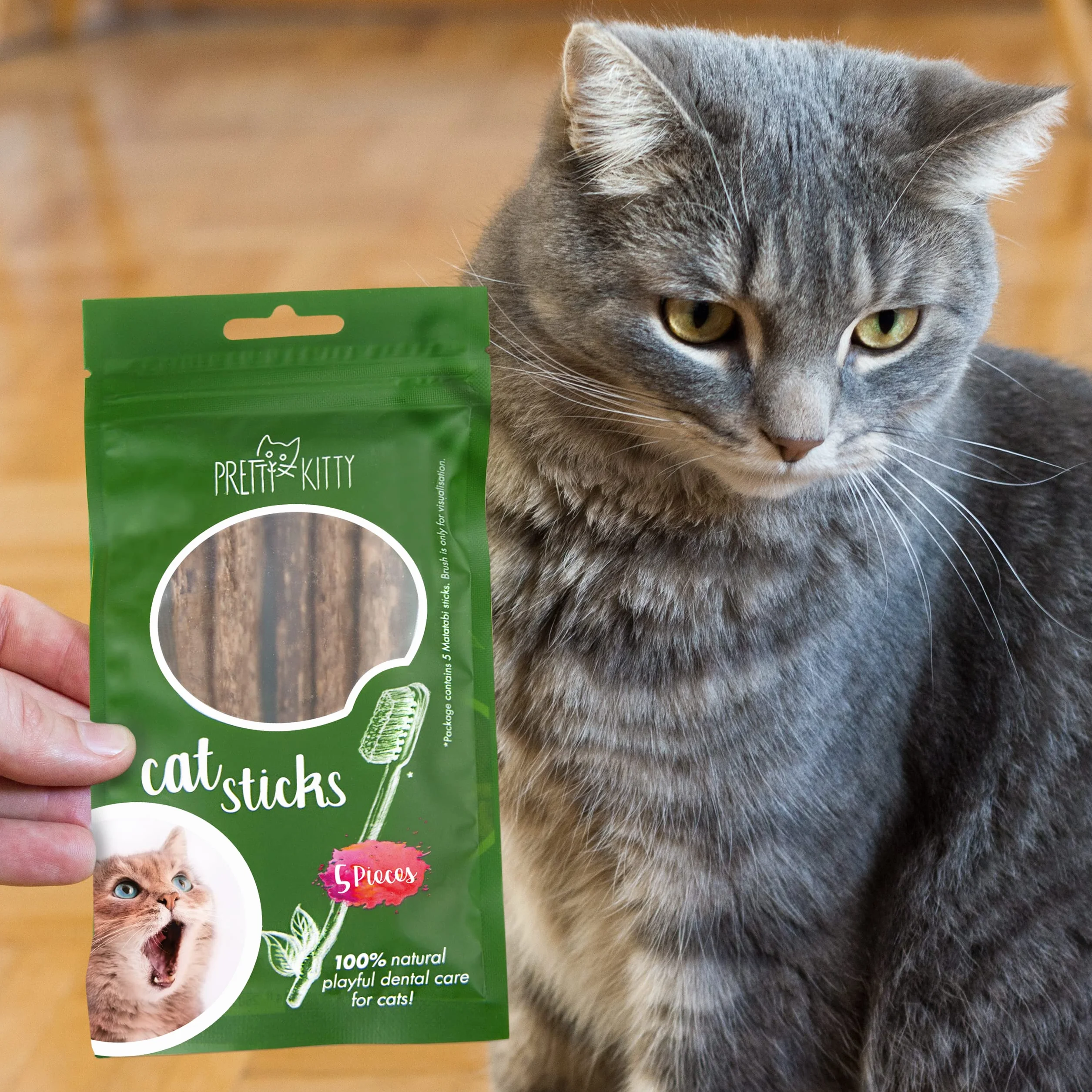 PRETTY KITTY Palitos Gato Cuidado Dental: 5X palitos Matatabi de Madera como Juguete Natural para Gatos contra el Mal Aliento – Palitos dentales Gato – Mordedores para Cuidado Dental de Gato