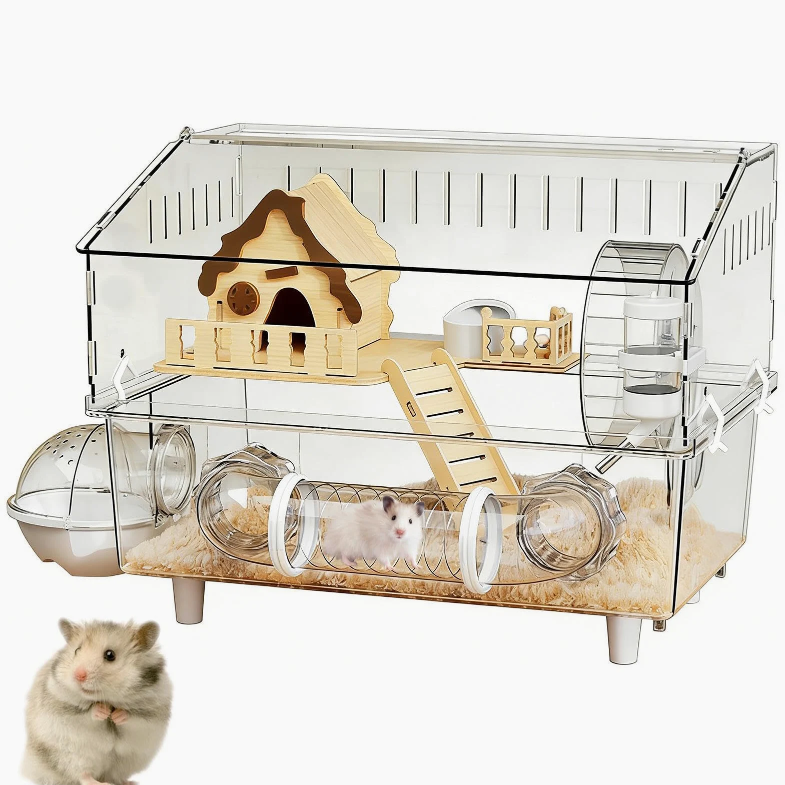 Jaula para Hámster Hábitat de Acrílico Transparente de 2 Niveles | Jaula para Gerbos para Observación en Casa, Tienda de Mascotas, Área de Juego Interior y Exterior