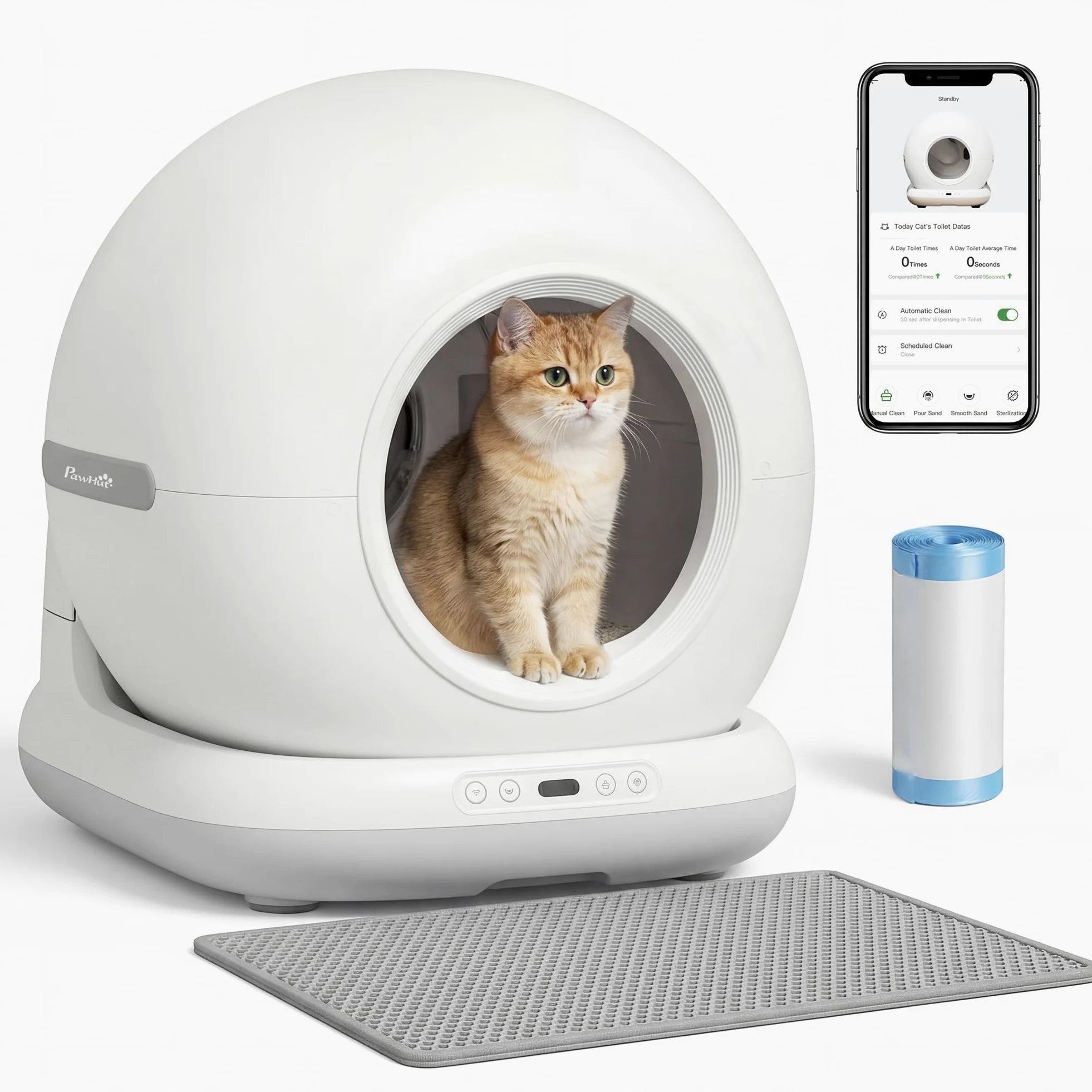 PawHut Arenero Gatos Autolimpiable 72L Extragrande con Control por App | Sensores de Seguridad, Control de Olores y Ruido, Gel Desodorante, Alfombrilla y Bolsas de Basura