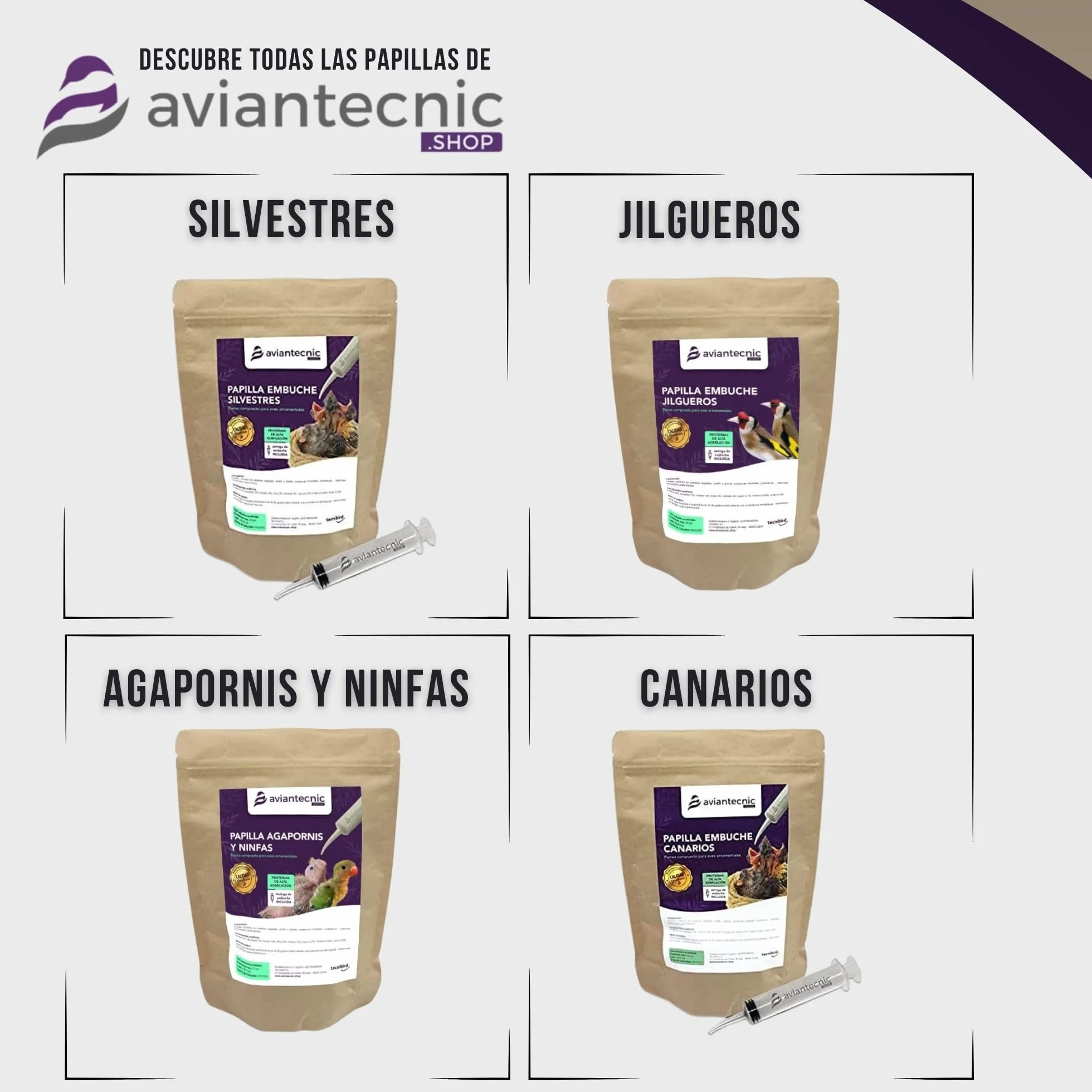 Aviantecnic Papilla Embuche Jilgueros | Alimento Complementario para Pájaros Ornamentales | 400 g con Jeringa de Embuche Incluida