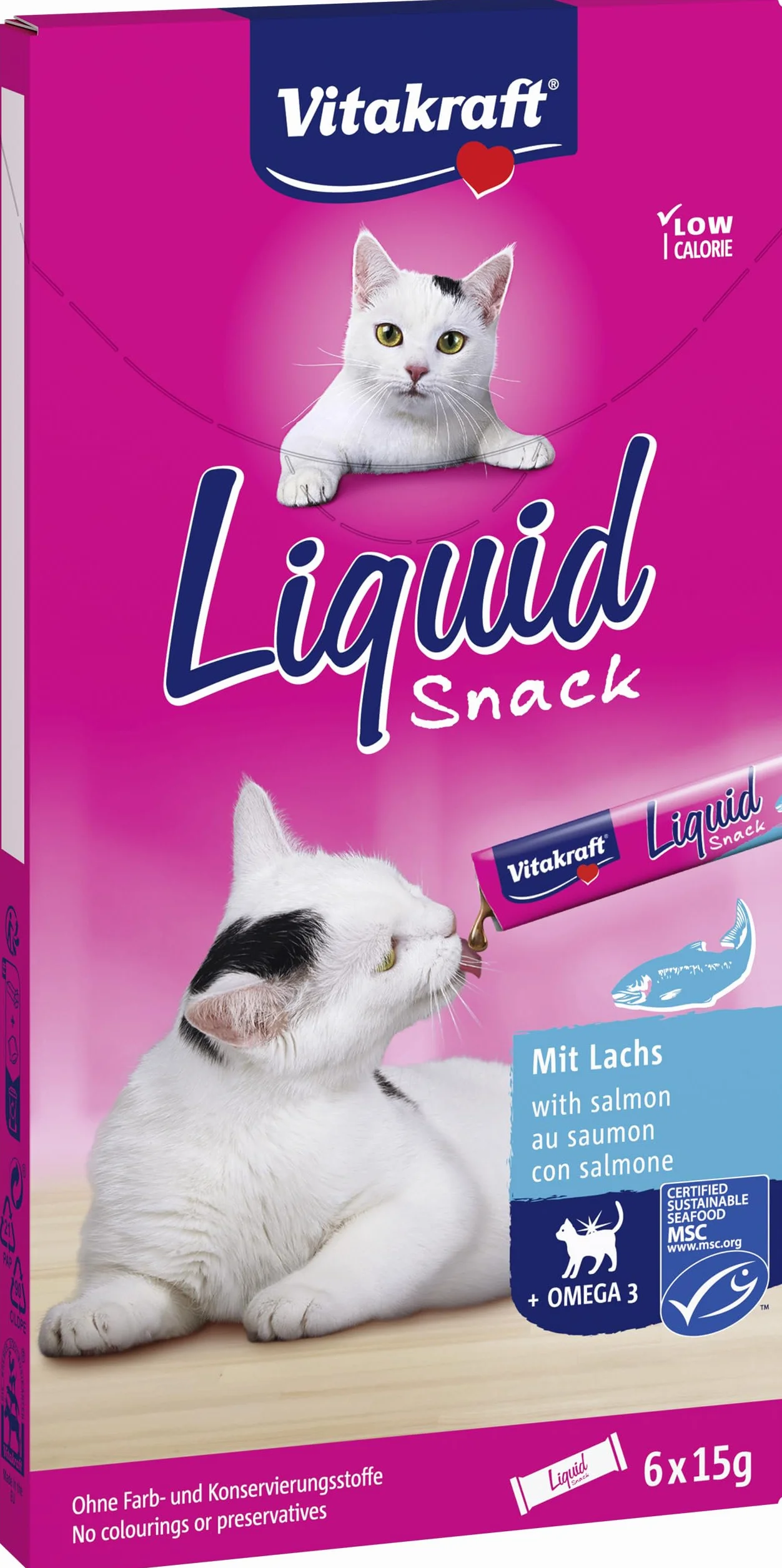 Vitakraft Liquid Snack Cremoso para Gatos con Salmón y Omega 3, Bolsitas Individuales, 6x15g