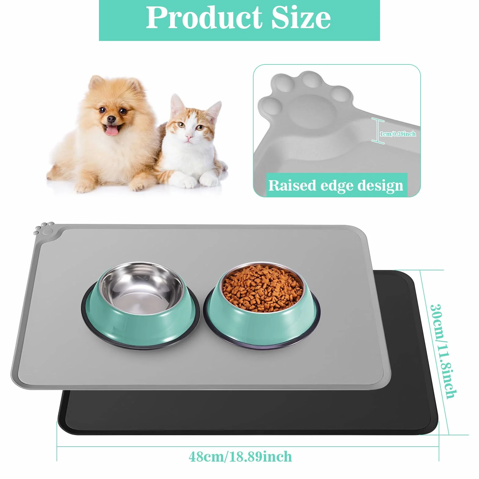 2 Alfombrilla de Silicona para Comederos de Perros y Gatos, Alfombra Comedero Perro 48x30cm, Tapete Impermeable para Comederos de Mascotas, Negro y Gris