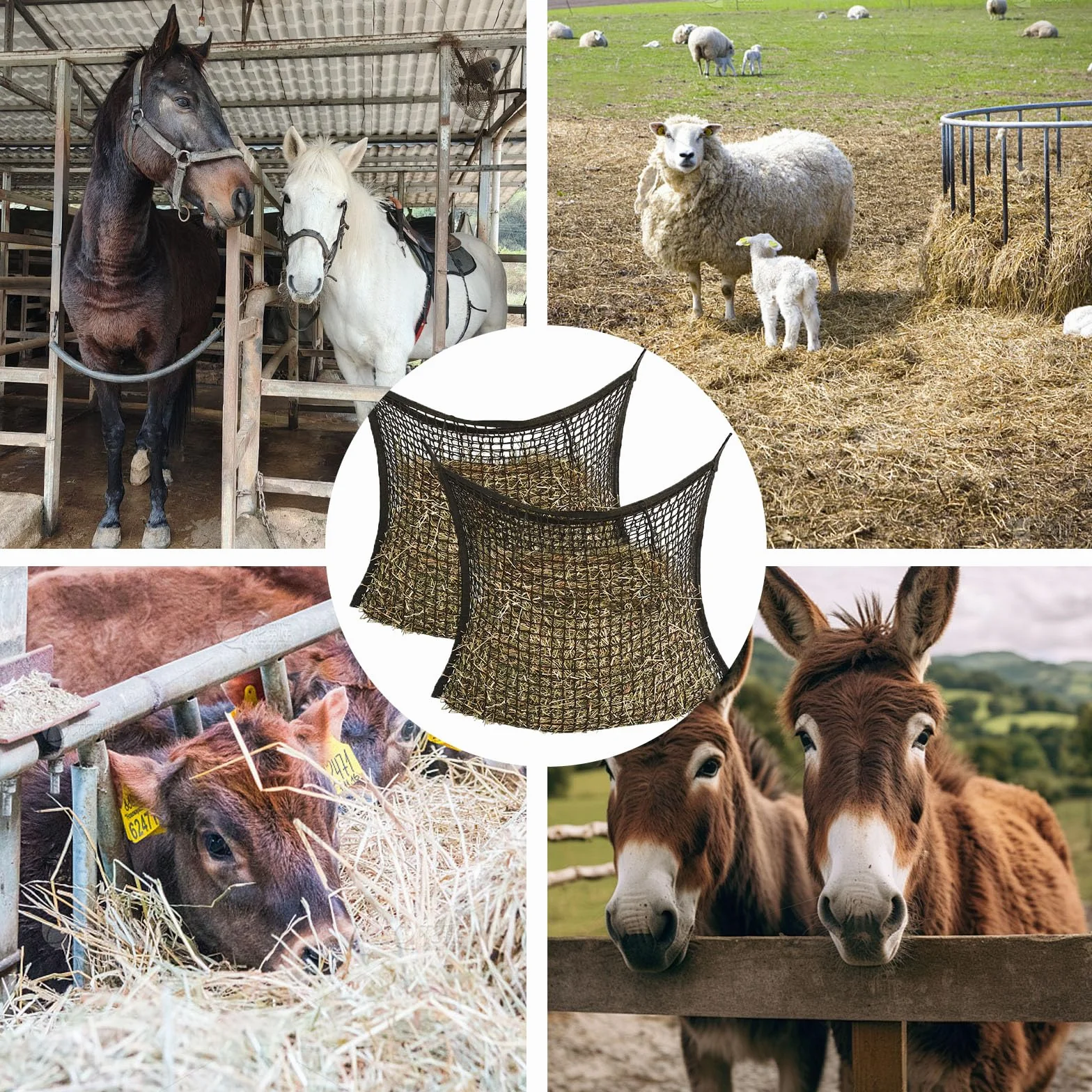 Red de Heno para Caballos,2 Piezas Red de Heno Pacas 80x90 cm,Malla de Henos,con 4 Mosquetones,Capacidad de 8 Kg,Prolongación de La Hora de Alimentación,para Cabras,Animales,Caballos