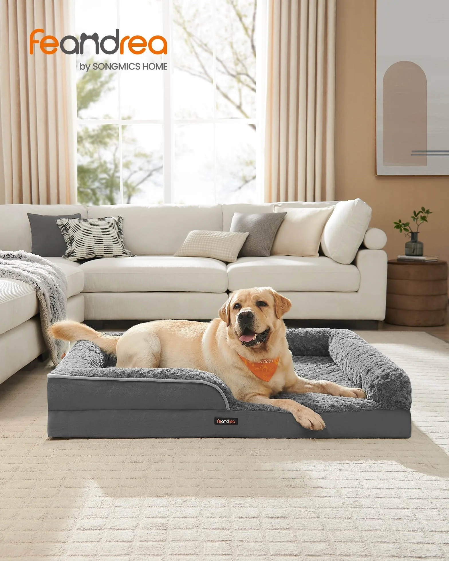 Feandrea Cama Perro Grande, Caseta para Mascotas, Ortopédica con Espuma Corrugada, Bordes Elevados Acolchados, Funda Extraíble Motivo Rosa Peluche, 122 x 89 x 18 cm, Gris Pizarra PGW254G02