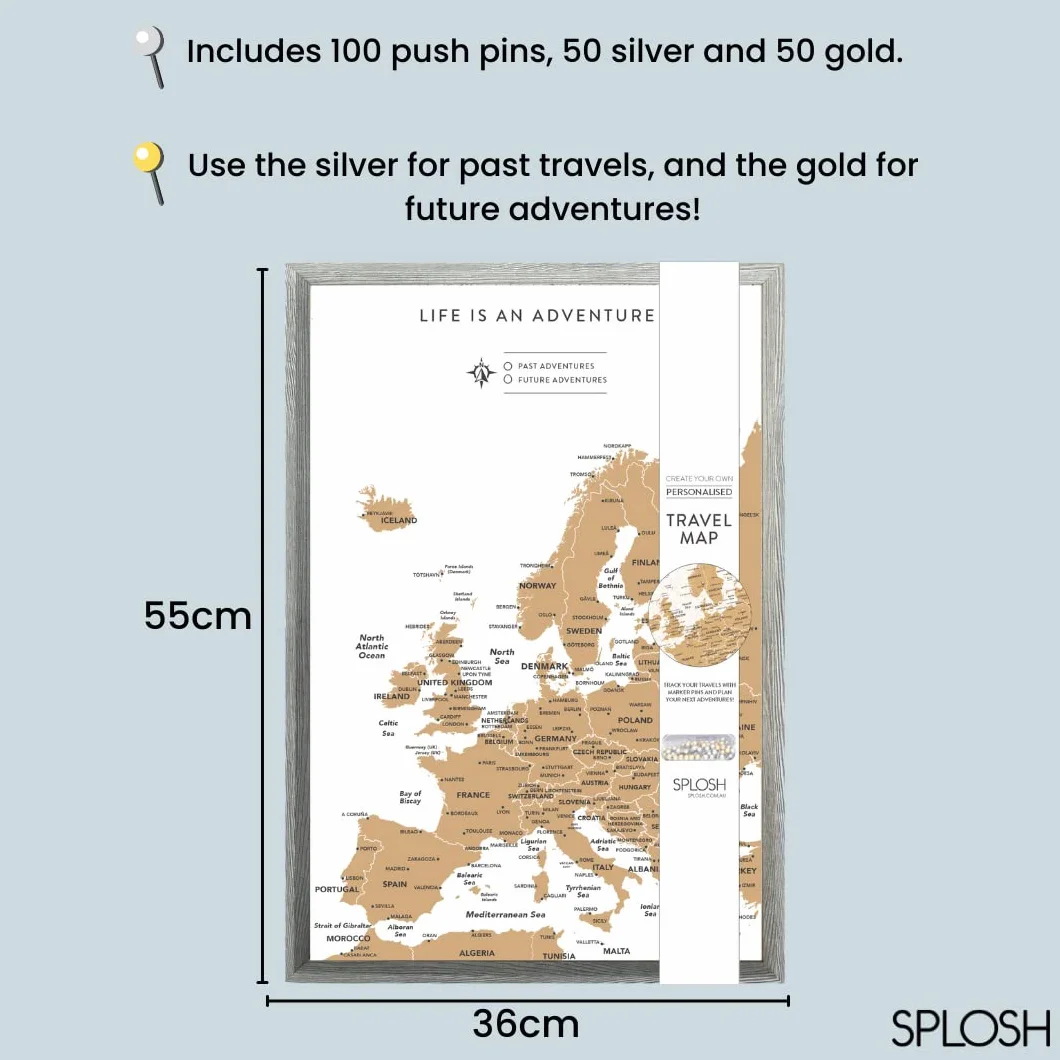Splosh Tablero de Chinchetas de Viaje Pequeño Europa Marco de Madera Gris 100 Chinchetas