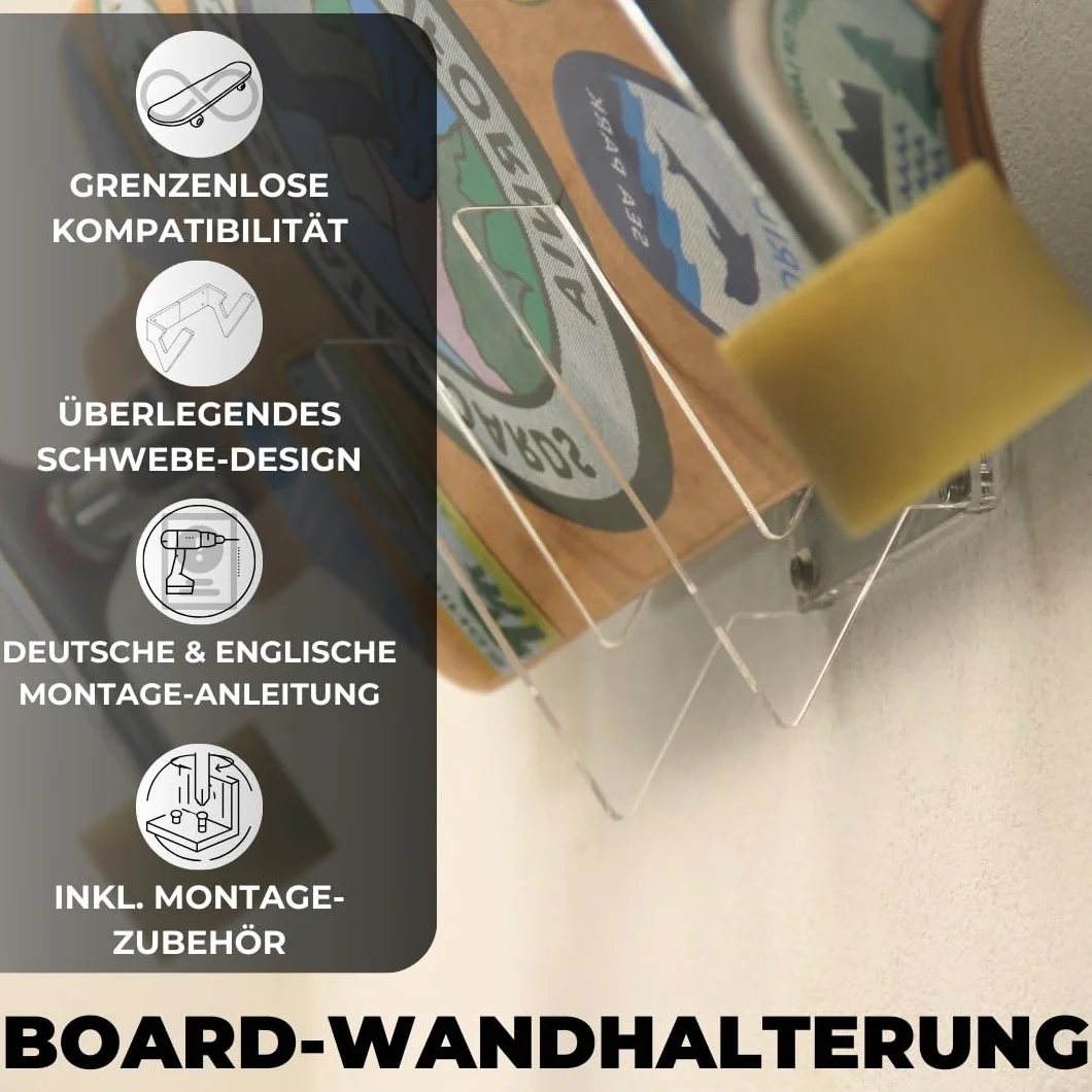Board Addicted Soporte de pared para longboard, snowboard, wakeboard, transparente universal
