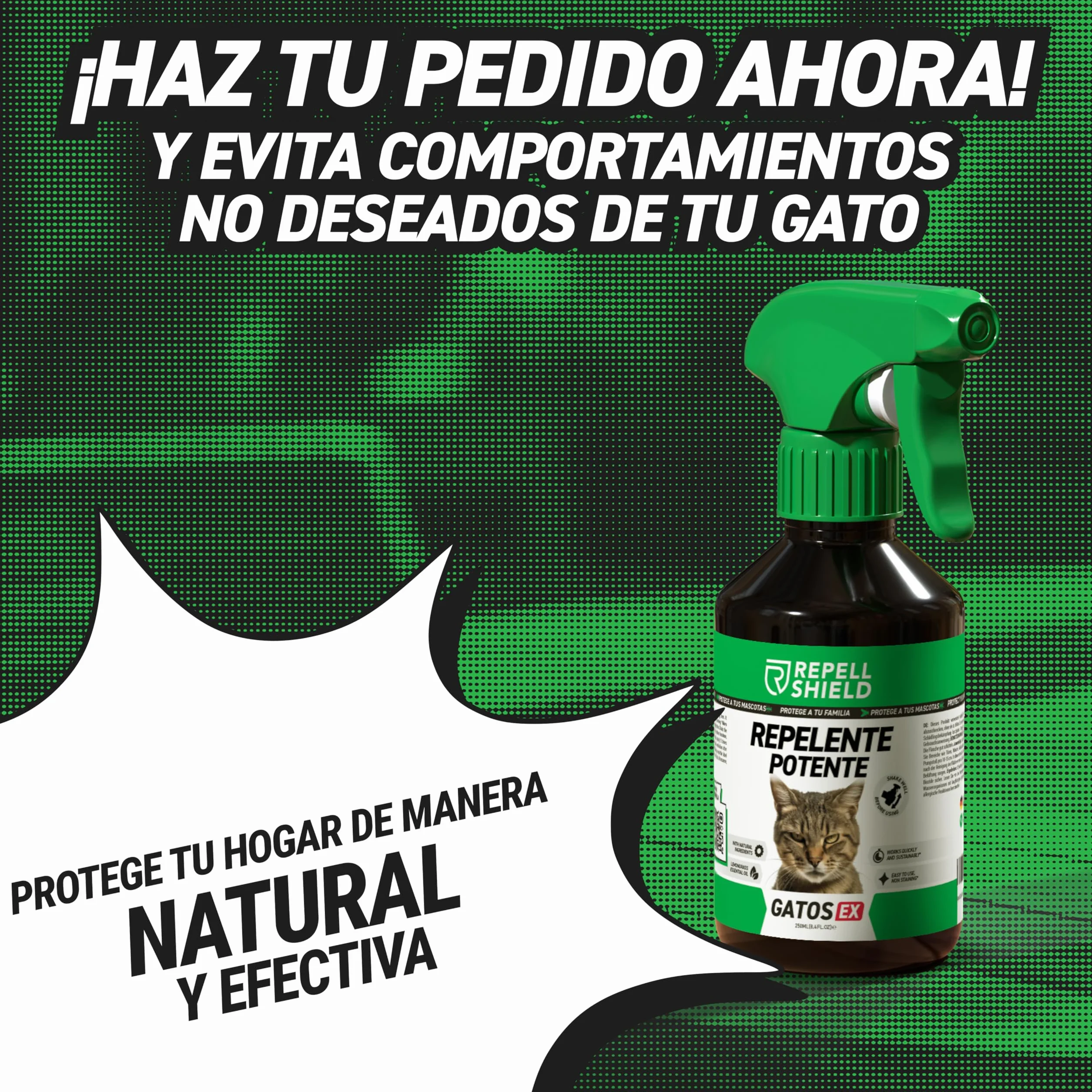 RepellShield® Spray Repelente Gatos - Antiarañazos - Ahuyentador de Gatos Exterior e Interior - 250ml - Protege Tus Sofás, Alfombras, Cortinas, Jardín - No Mancha - Seguro para Niños y Mascotas
