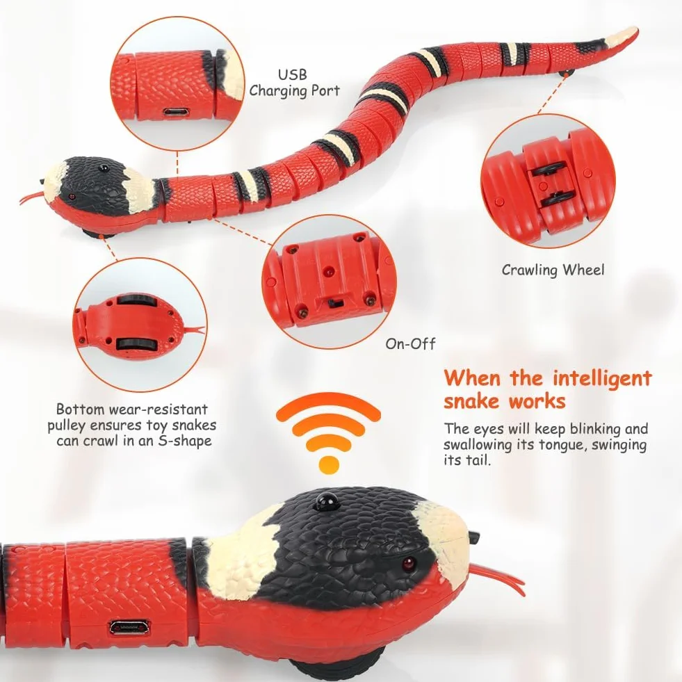 Cat Snake Toys, 40cm Smart Sensor Simulated Snake Juguetes Eléctricos Gatos, Juguetes Interactivos Gatos Recargables por USB, Juguetes Serpiente Inducción con Lengua Retráctil Cola Que Se Mueve