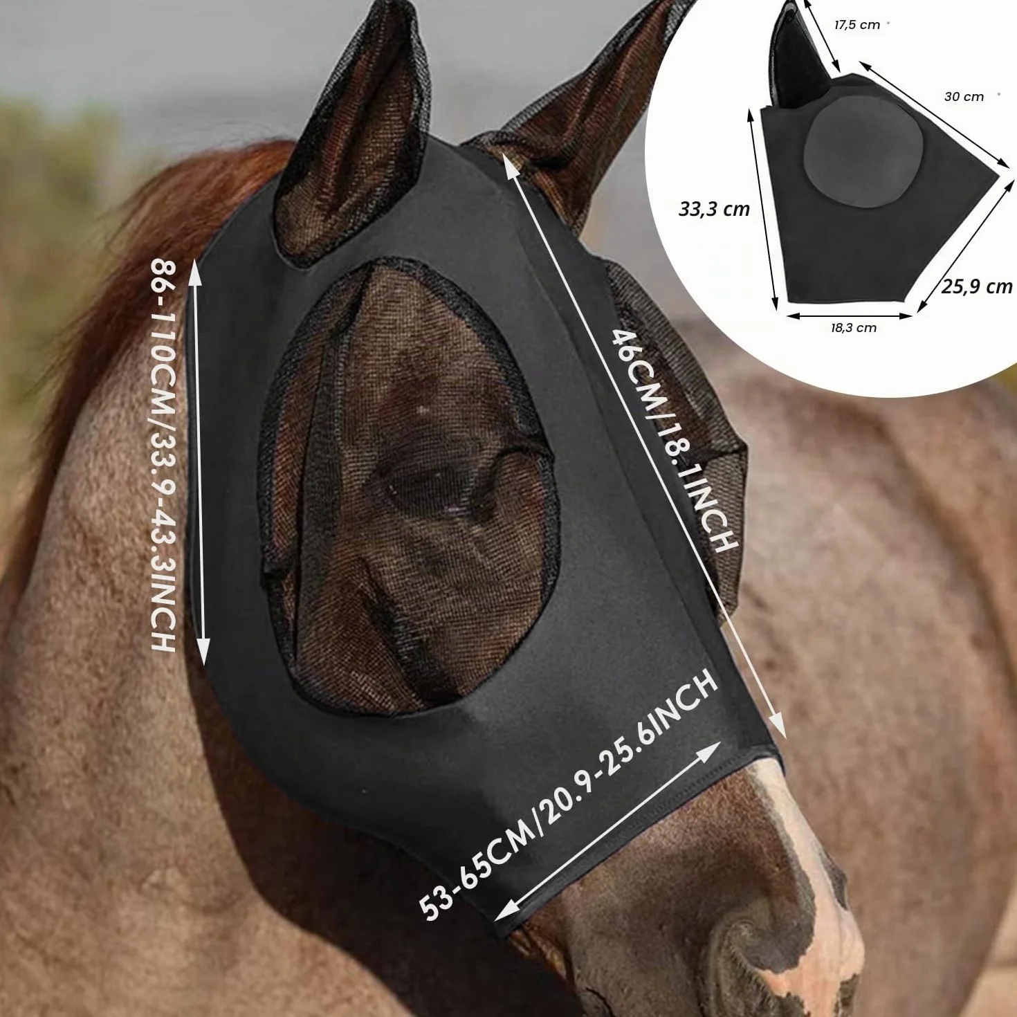 Máscara antimoscas para caballos con orejeras, malla transpirable anti-UV, elástica (negro)