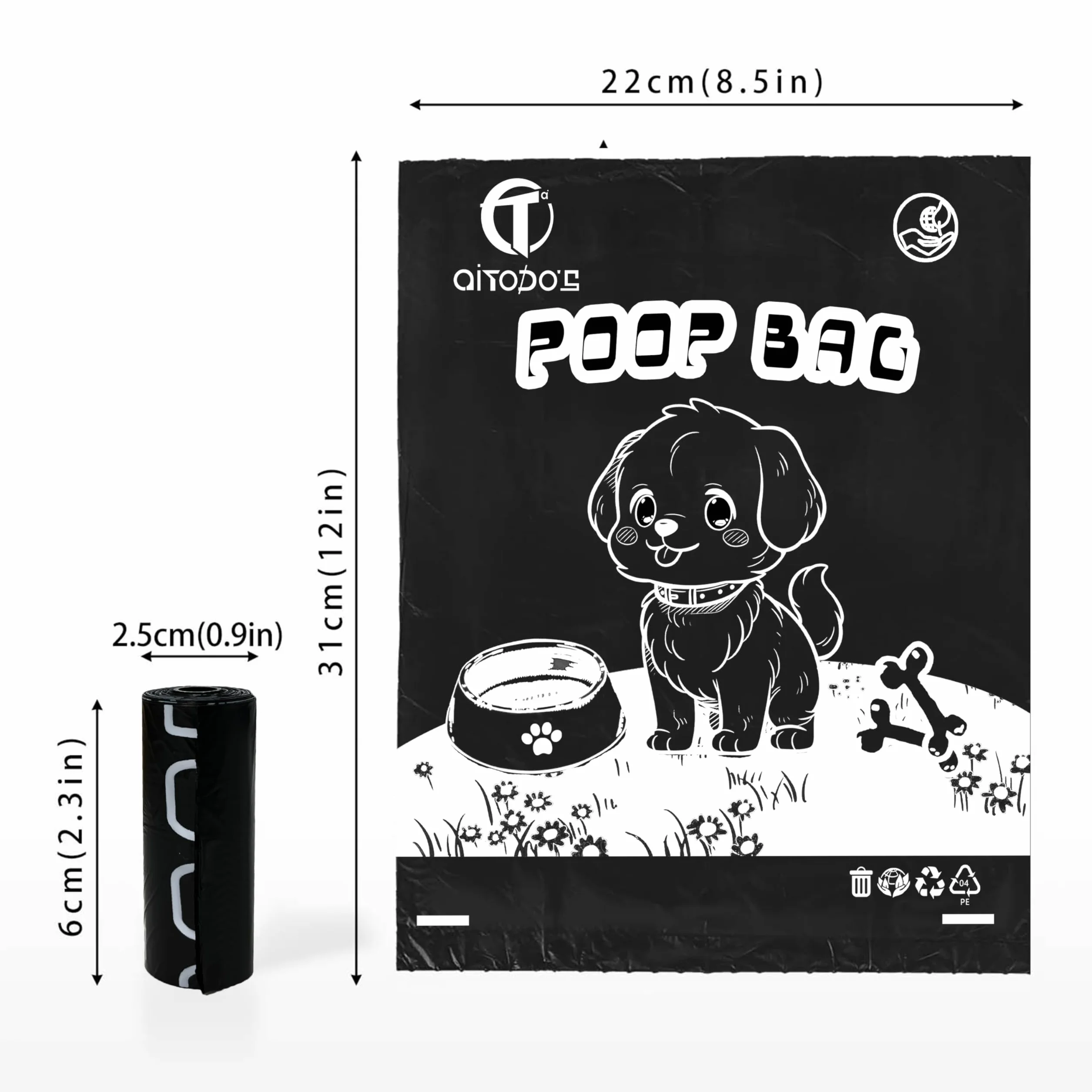 AiTodos® 600PCS Bolsas Caca Perro, Negro - Bolsas Excrementos Perros - Adecuado Salir de Casa, 31 * 22CM, Polietileno-Material, Portátil (40 Rollos, 15 por Rollo) -Poop Bags