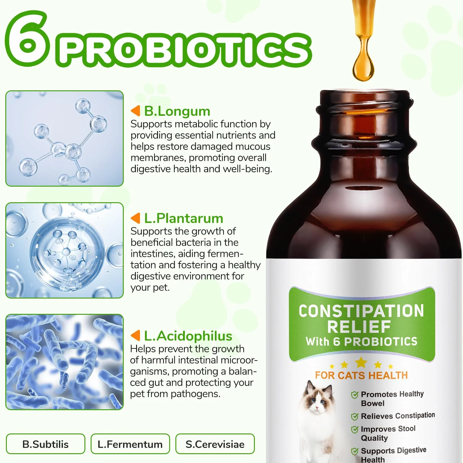 Alivio del Estreñimiento para Gatos, 60ml Tratamiento del estreñimiento para Gatos, laxante para Gatos con 6 Suplementos probióticos, promueve la Salud intestinal del