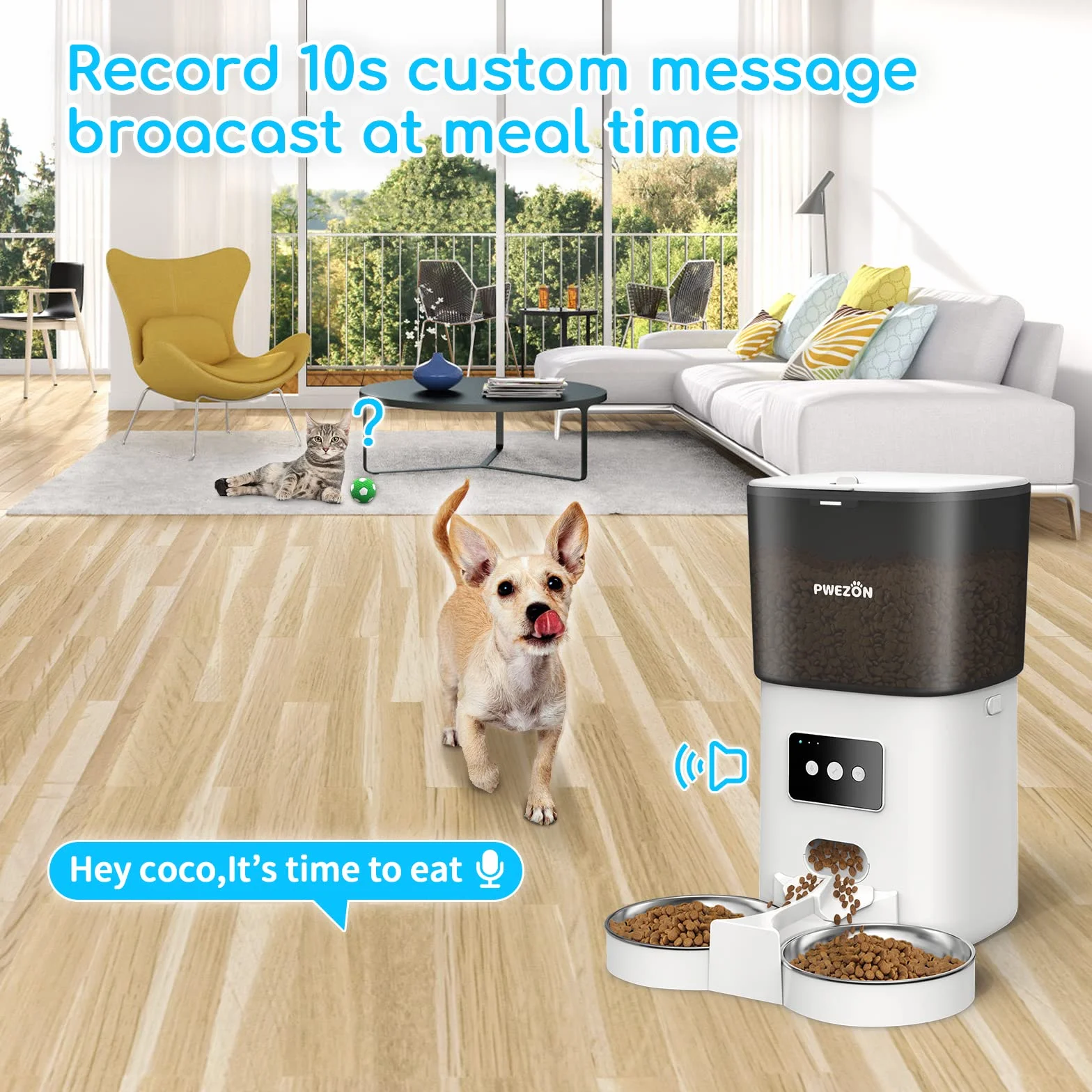 6L Comederos Automáticos para Gatos y Perros con Dos Tazones, PWEZON Inteligente WiFi Dispensador de Alimentación Automático para Dos Mascotas, Temporizador, Control de Porciones, Grabadora de Voz