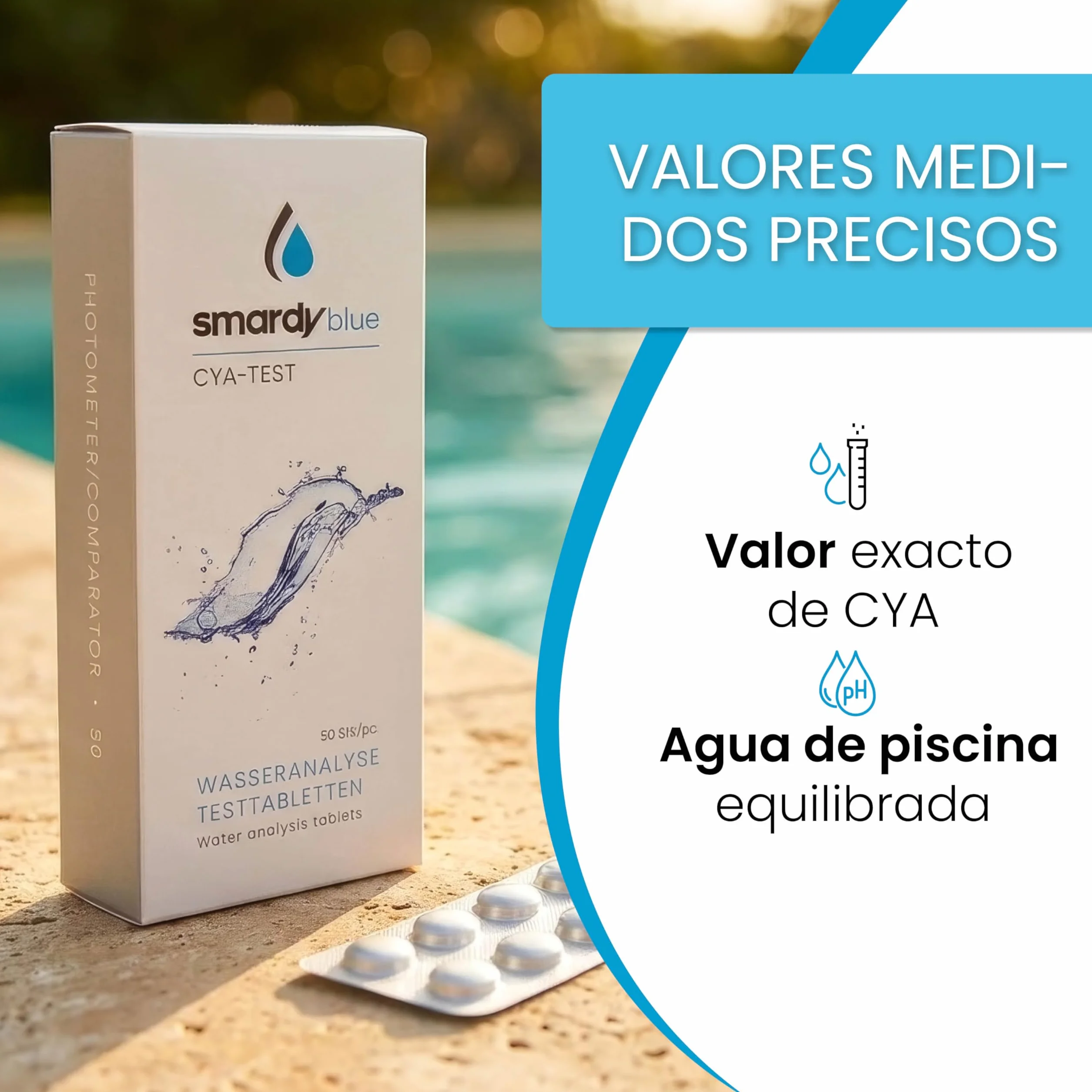 smardy 50 tabletas fotómetro CyA – mide el ácido cianúrico/estabilizador en piscina, spa, jacuzzi y acuario – compatible con PoolLab, SCUBA II, BAYROL y otros medidores electrónicos – Made in Germany