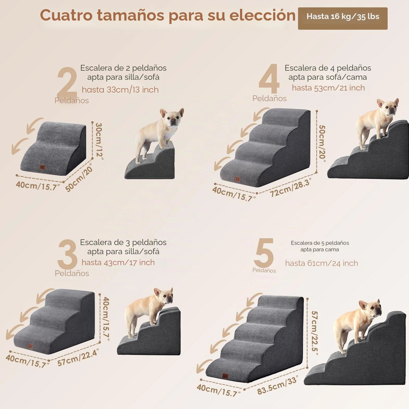 EHEYCIGA Escalera para Perros Pequeños 3 Peldaños, 40x57x40 cm, Rampa para Perros de Espuma para Cama, Escalera para Mascotas Mayores con Funda Lavable y y Fondo Antideslizante, Gris