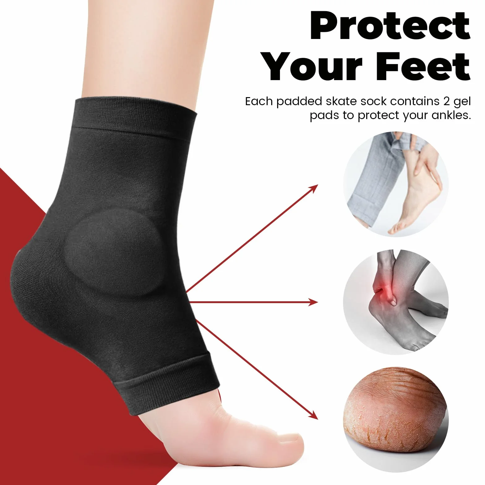 Calcetines protectores de talón con almohadilla de gel, acolchado para tendón de Aquiles, patinaje artístico, 2 pares, negro