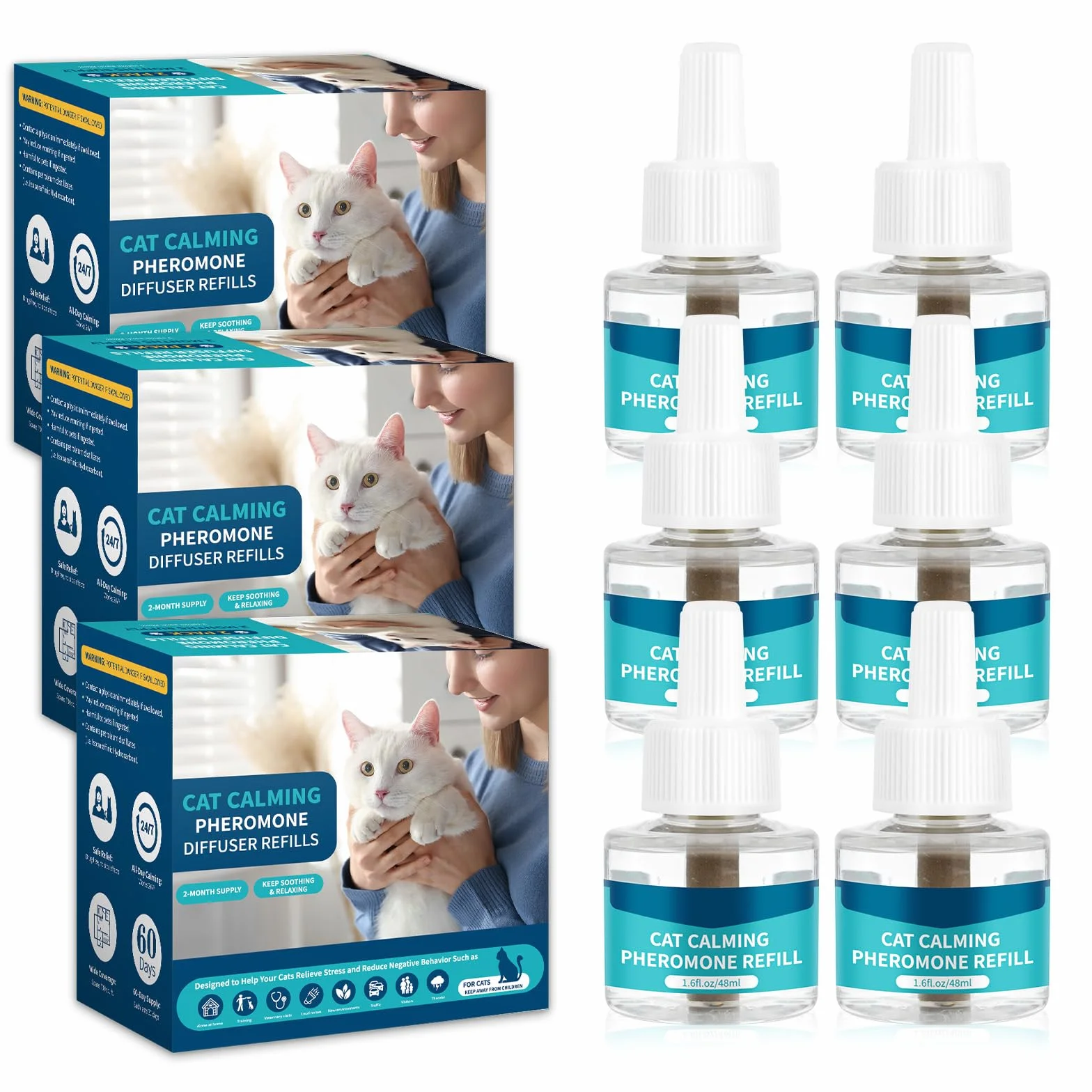 VICSOM 6 Recambios Calmante Feromonas para Gatos, Compatible con Difusores Comunes, Kit Difusor Feromonas Gatos 180 Días para Estrés, Relajación y Ansiedad, para Gatos y Gatitos (48 ml por Recarga)