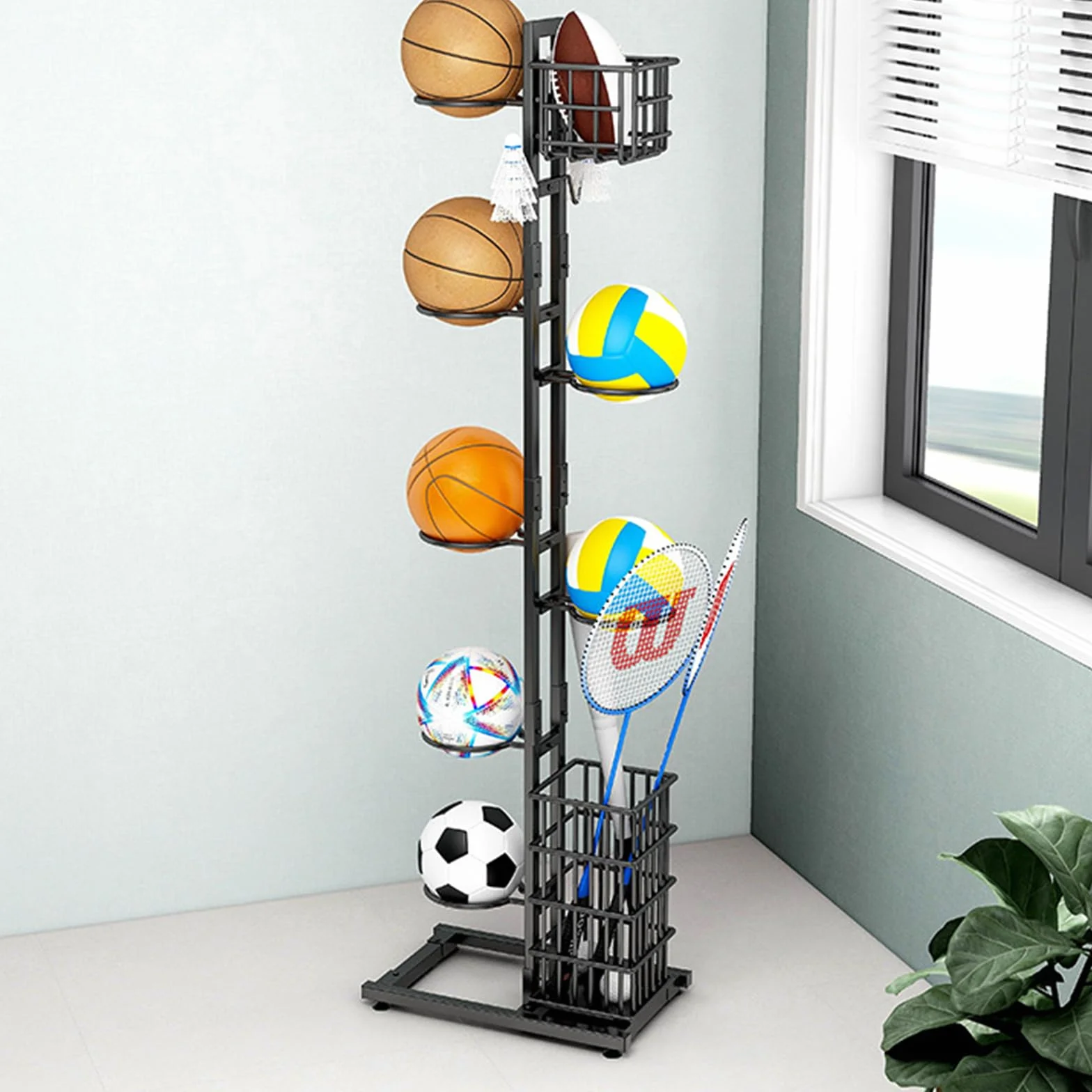 Soporte de bolas para rodamientos verticales rack baloncesto almacenamiento multicapa con cesta y ganchos