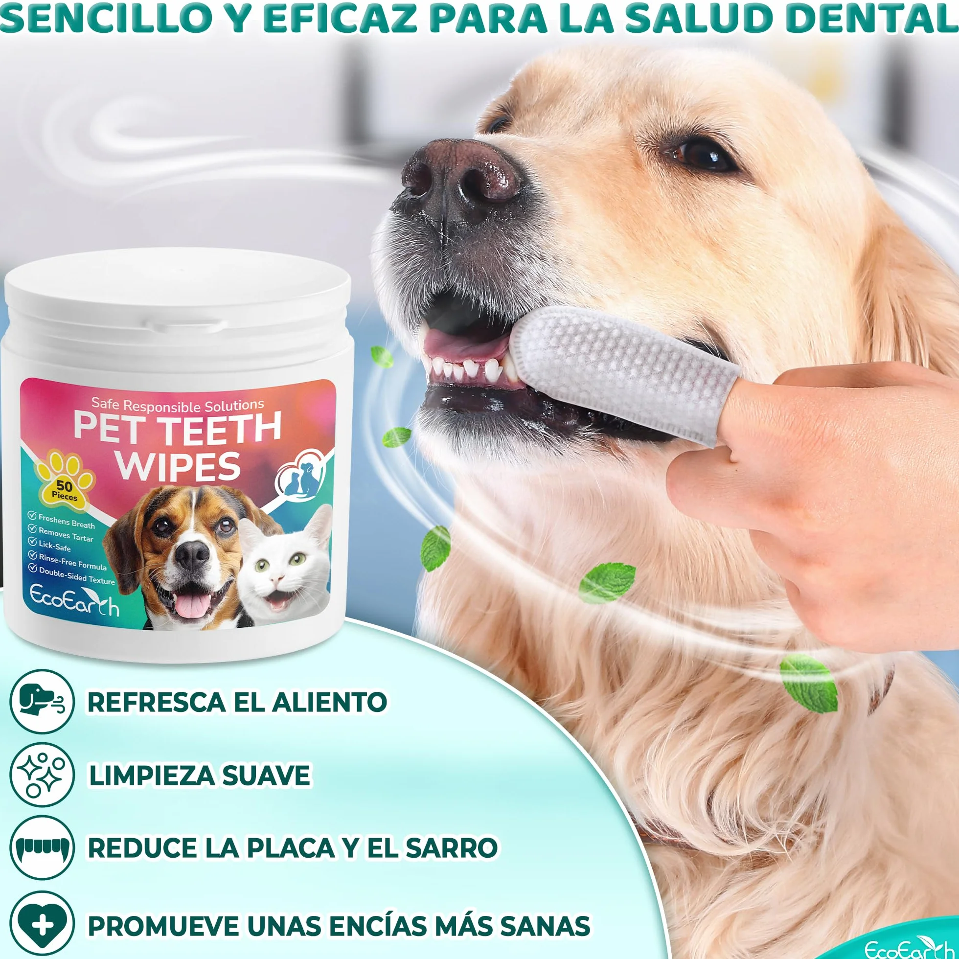 EcoEarth Toallitas de Limpieza Dental Premium para Perros y Gatos - 100 Piezas - Almohadillas para los Dedos para el Cuidado Dental de Mascotas para un Aliento Fresco y una higiene bucal
