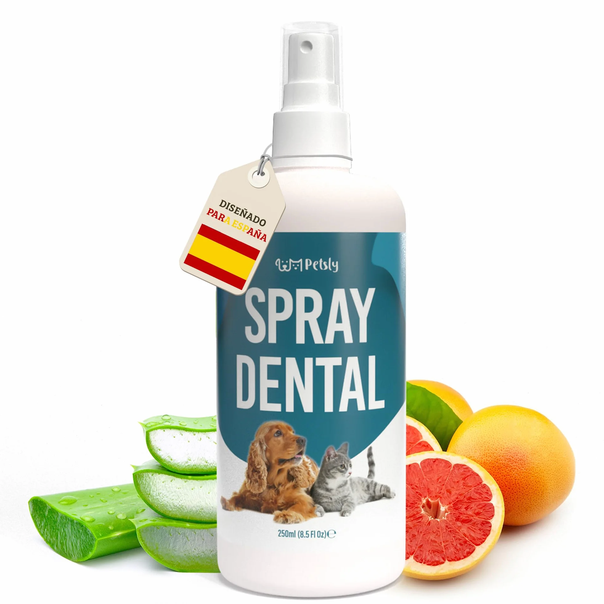 Petsly® Spray Dental Perros y Gatos - 250ml - Elimina el Mal Aliento, Reduce Sarro y Placa - Higiene Bucal sin Cepillado ni Enjuague - Ingredientes Naturales, Seguro si se Ingiere - Calidad Alemana