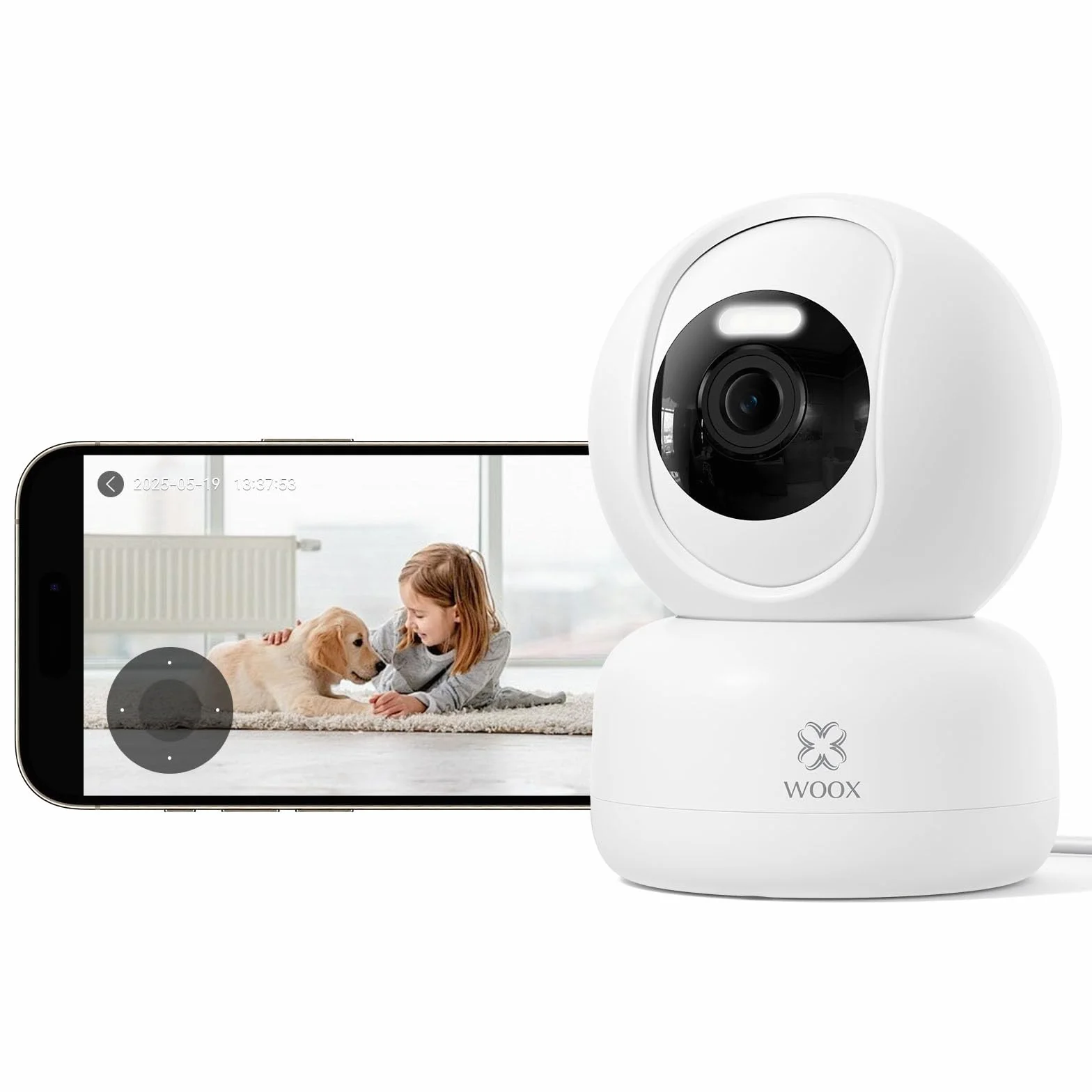 Woox Cámara de seguridad para interiores, 2K, Wi-Fi de 360°, cámara interior para perros con visión nocturna en color, reconocimiento de gritos personal/bebé, seguimiento de automóviles, audio