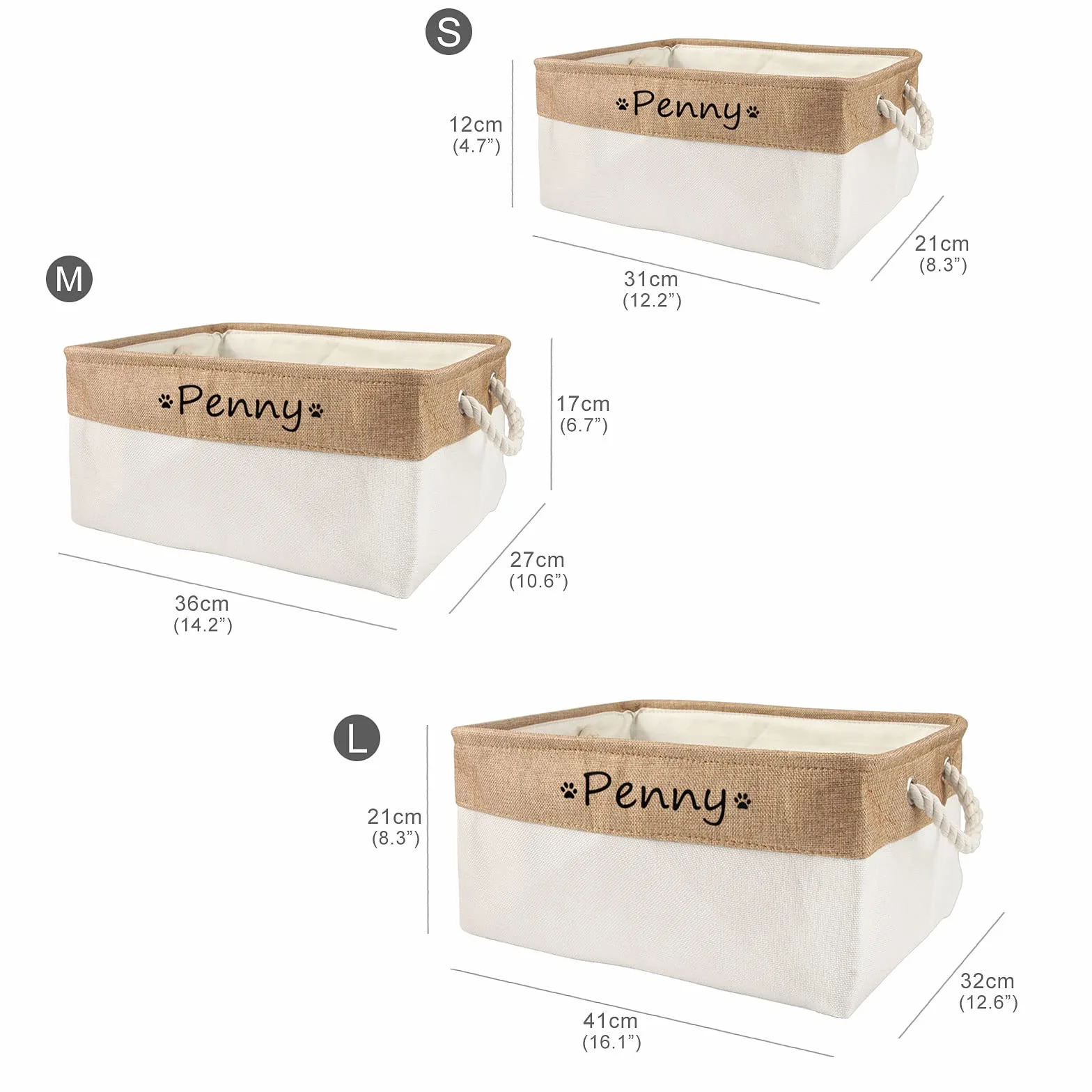 Cesta de almacenaje personalizada con nombre y dibujo, cesta plegable para juguetes de perro con asa de algodón, caja de almacenaje para organizar comida, ropa y accesorios para perros(Beige)