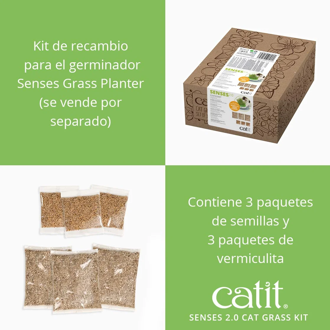 Cat Grass kit - 3 x Semillas y Vermiculita