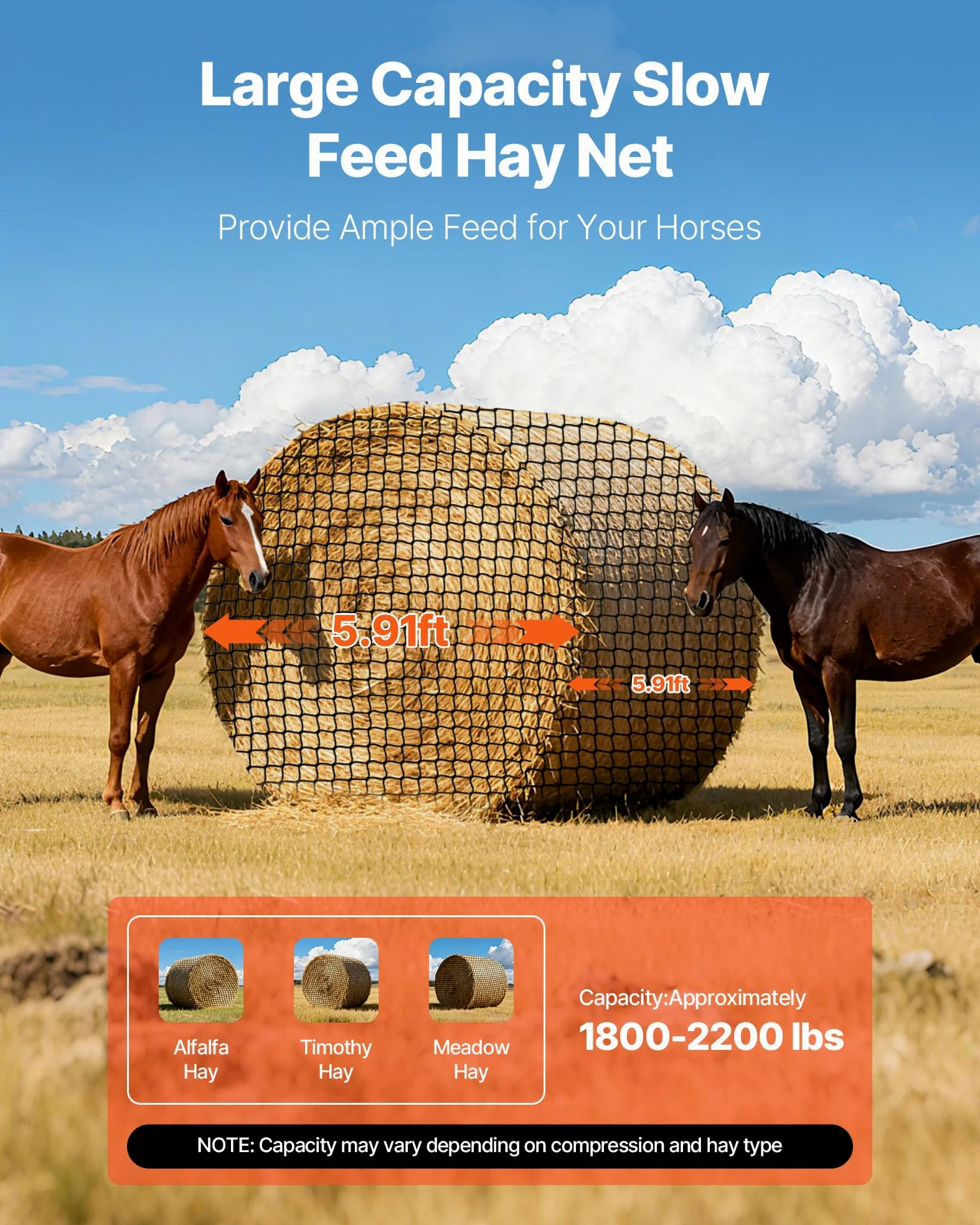 VEVOR Red para Pacas Redondas de Alimentación Lenta, para Caballos, 1,8 x 1,8 x 1,8 m, Agujeros 38,1 x 38,1 mm, PE, con Bridas, Lanzadera de Aguja, Hilo de Reparación y Bolsa de Almacenamiento