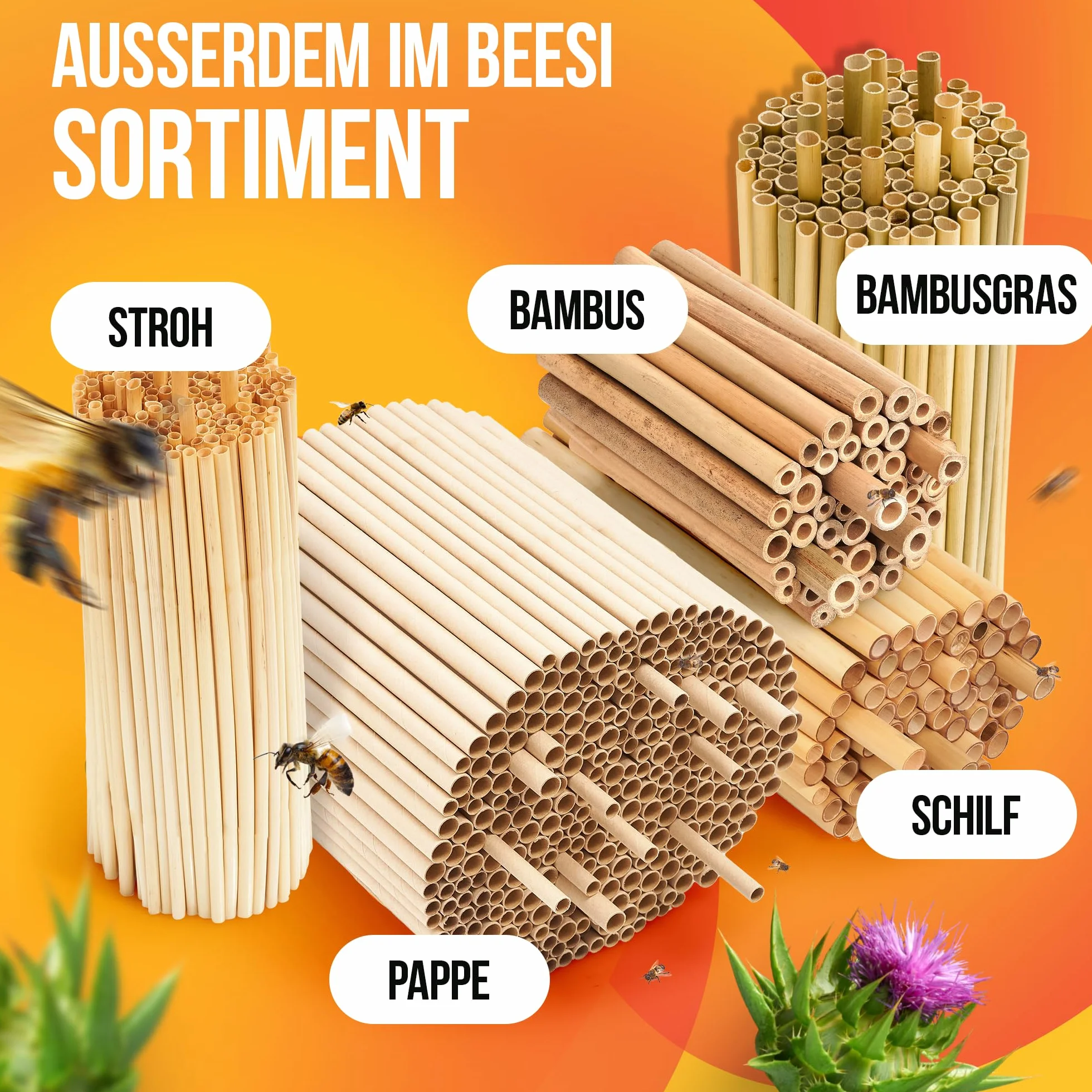 BEESI 300 casquillos de nido para hotel de insectos de 15 cm de largo, 6 y 8 mm de diámetro, mezclados, incluye libro electrónico de nido y tubos de cartón para abejas silvestres..