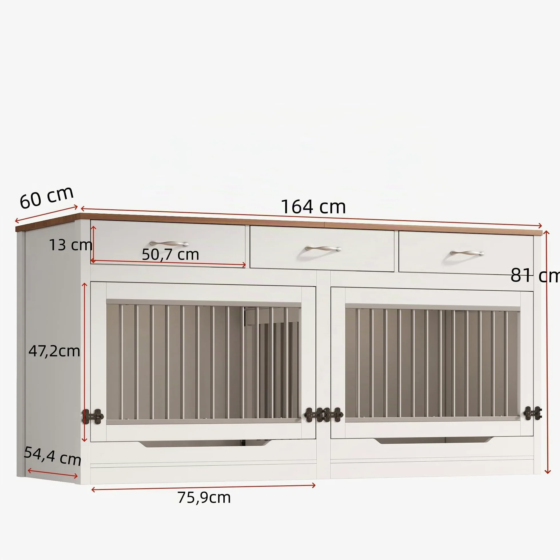 Jaula para perros de madera y metal, para 2 perros, 164 x 60 x 81 cm, caseta interior, tapa abatible, divisor extraíble, 3 cajones (blanco + efecto madera)