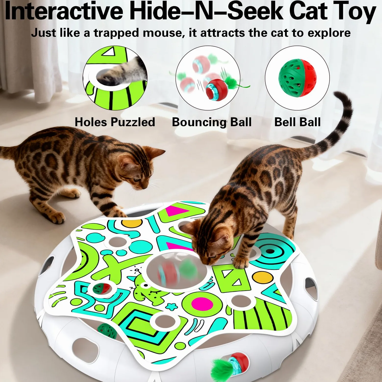 Sofolor Juego interactivo de juguete para gatos, juguete para esconderse con bola de gato activada por movimiento, 2 juguetes para gatitos, bola de campana, juguetes de ejercicio para gatos adultos