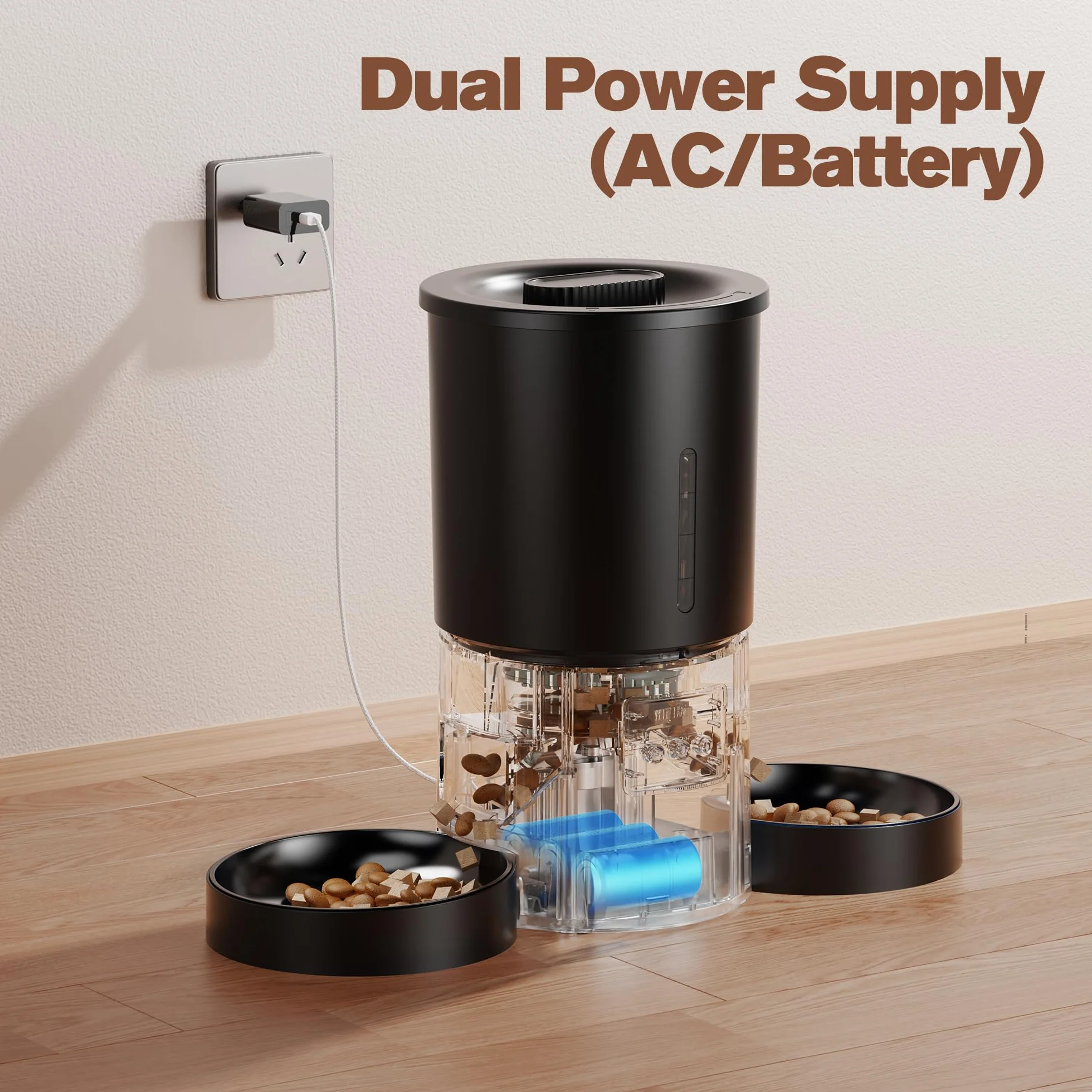 Comedero Gato Automático Doble & App: Dispensador Automático de 5L con WiFi 2.4G y Temporizador para Comida Seca - Diseño de Comedero Doble AONBOY para Múltiples Gatos y Perros - Negro
