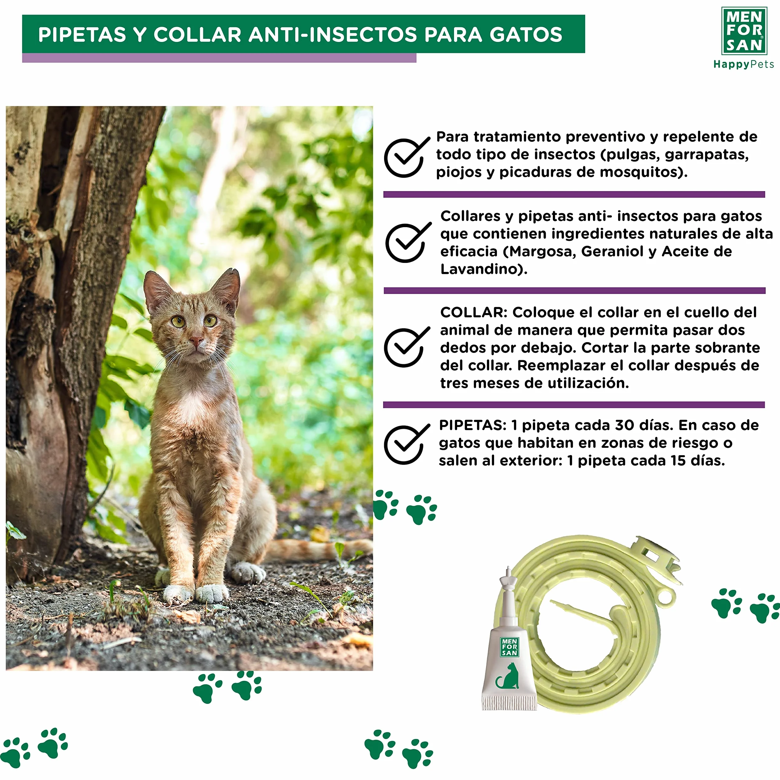MENFORSAN Pack Mix de Collares y Pipetas Anti-Insectos para Gatos, Incluye 2 Collares y 6 Pipetas, en Bolsa Autocierre
