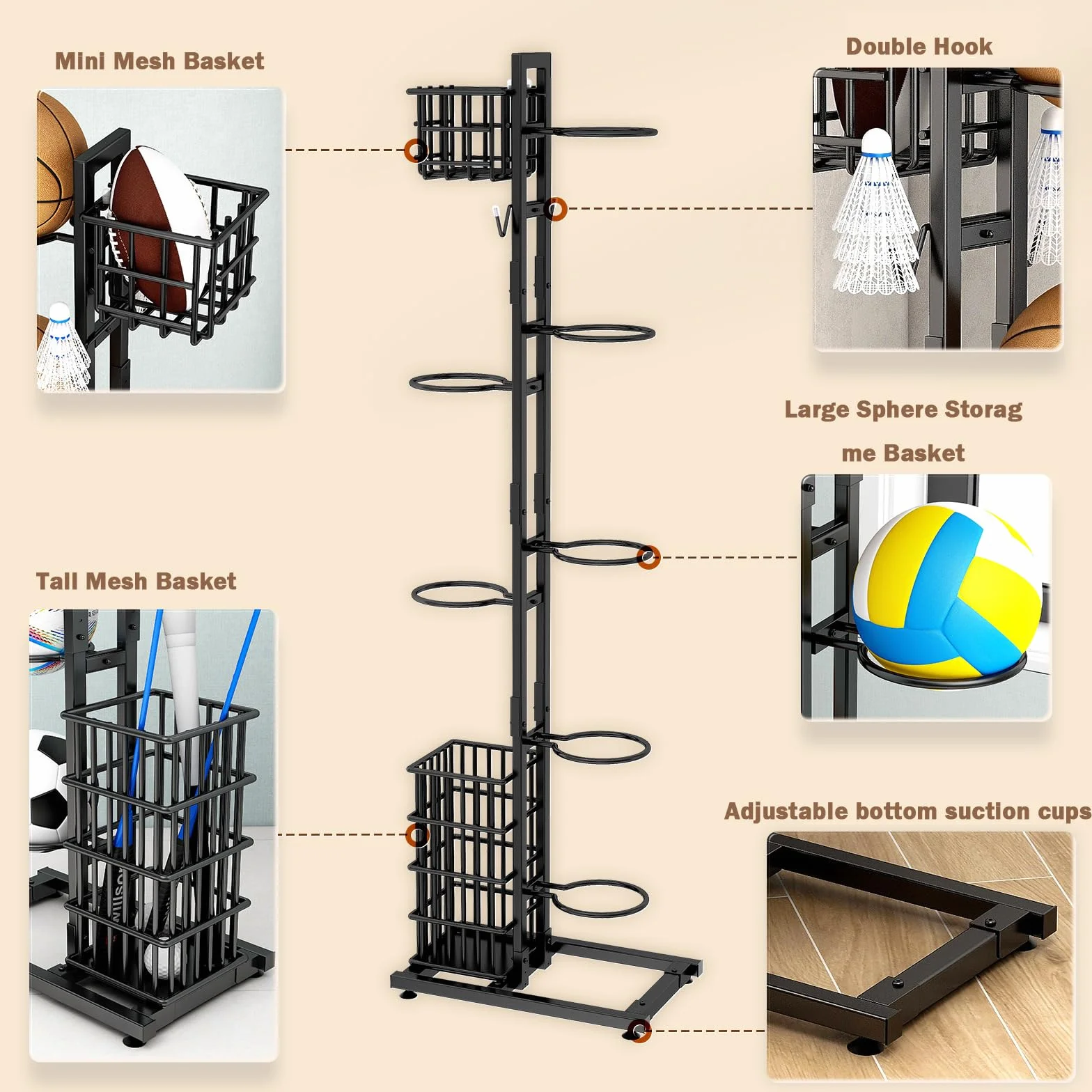 Soporte de bolas para rodamientos verticales rack baloncesto almacenamiento multicapa con cesta y ganchos