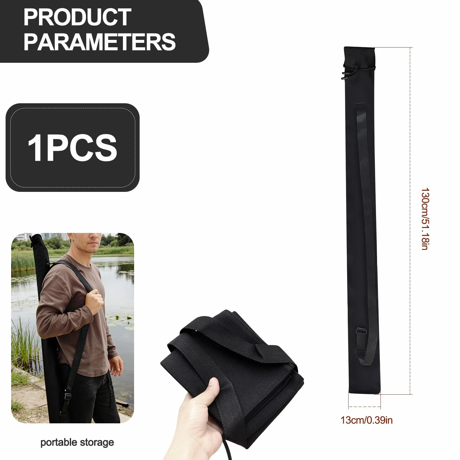 Bolsa para Caña de Pescar 130cm Funda de Nylon Negro Correa de Hombro Ajustable Portátil 2-3 Cañas