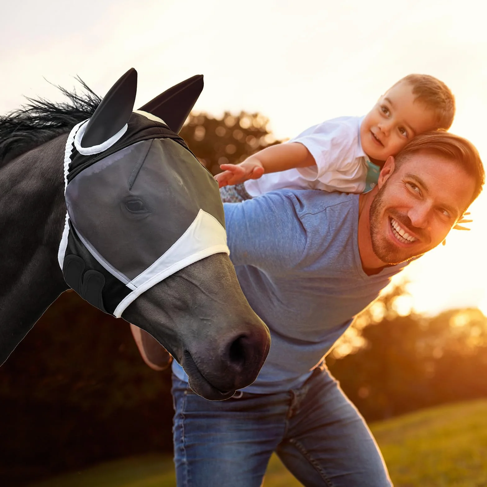 Máscara Anti Moscas para Caballo，Elasticidad Máscara Anti-Moscas Protección con Orejas，Excelente Comodidad con Protección UV，Adecuado para Caballos Afectados por Mosquitos