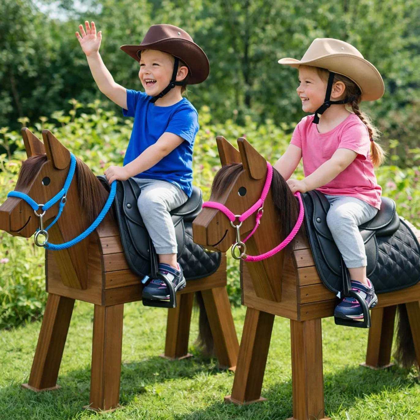 Brama West - Conjunto de silla de montar para caballo de madera "My Happy Pony" | Silla de montar para shetty, caballo de madera y caballo de peluche | con sudadero, cincha, estribos y aciones (Negro)