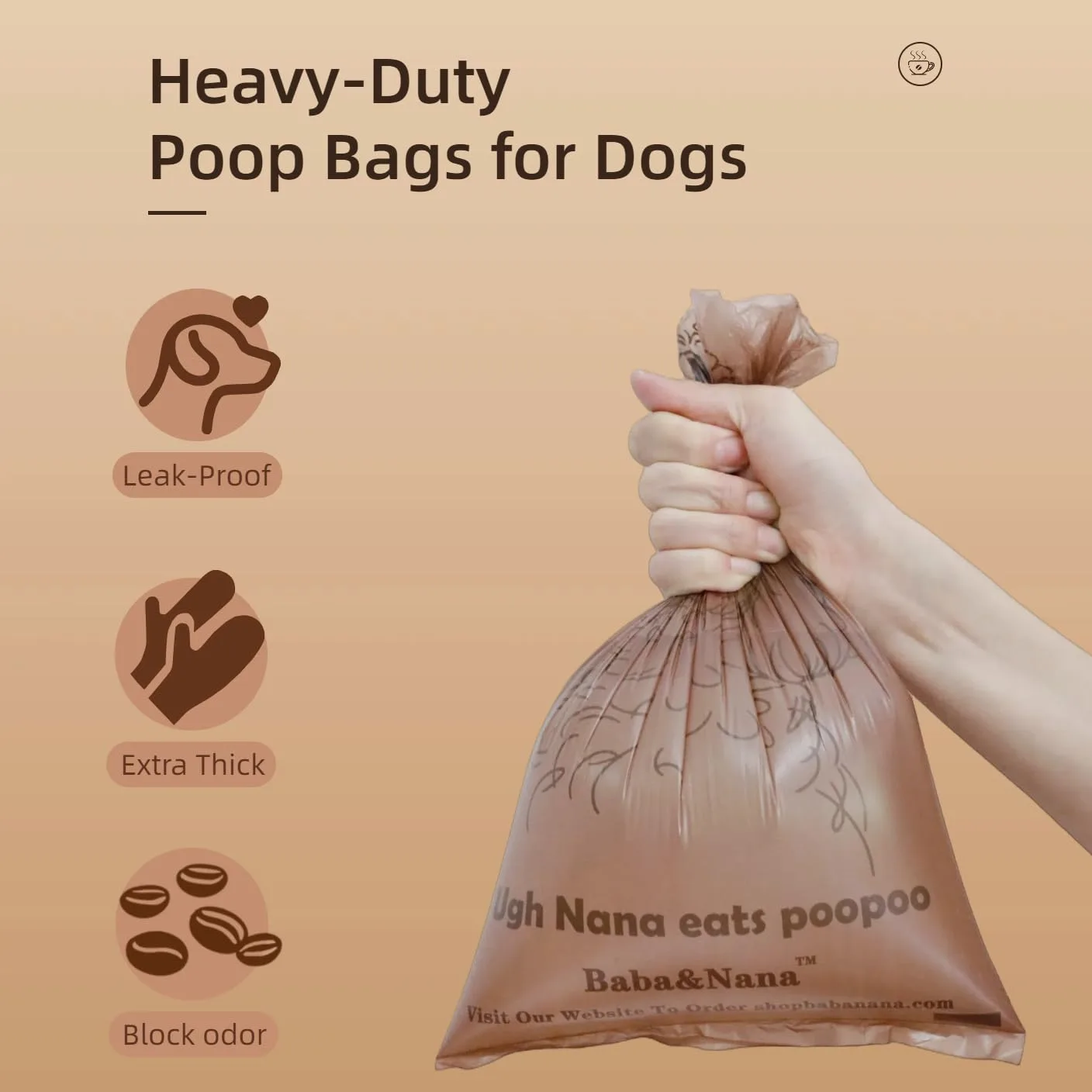 Baba&Nana Rollos de bolsas para excrementos de perro, bolsas de basura extra gruesas con aroma a café, 100% a prueba de fugas, bolsas para excrementos de perros – 90 bolsas