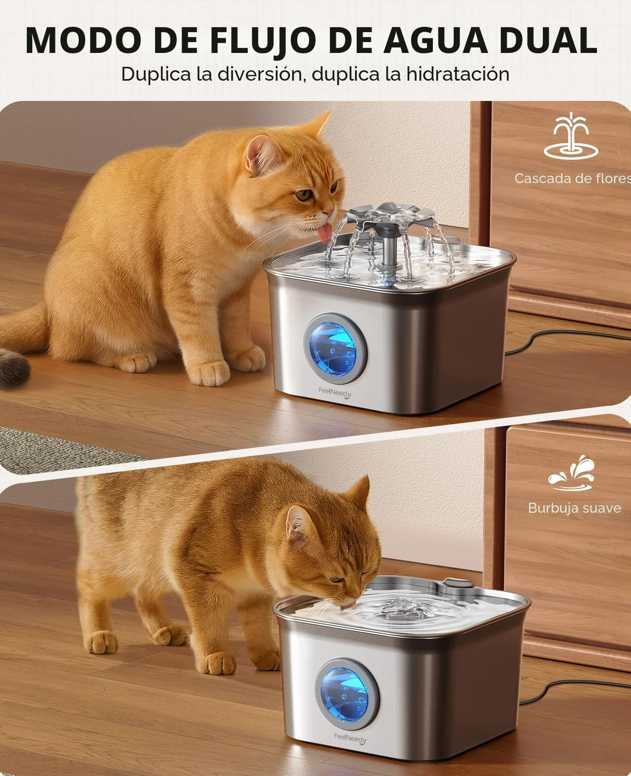 2.8L Fuente para Gatos Acero Inoxidable con 3 Filtros, FEELNEEDY Bebedero Gatos Ultra Silencioso, Filtración de Cuatro Capas, Fácil de Limpiar, Apta para Lavavajillas
